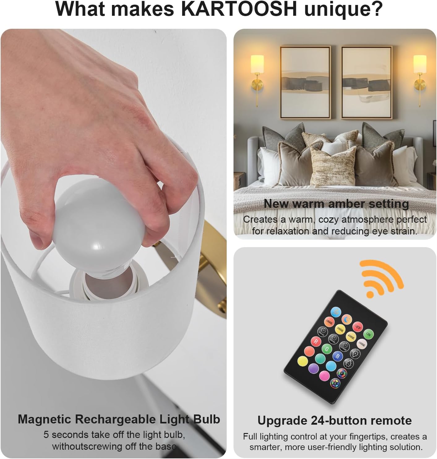 KARTOOSH Battery Operated Wall Sconce Set of Two, Dimmable 4CCT, RGB, Timer | Rechargeable Wireless Wall Decor Light