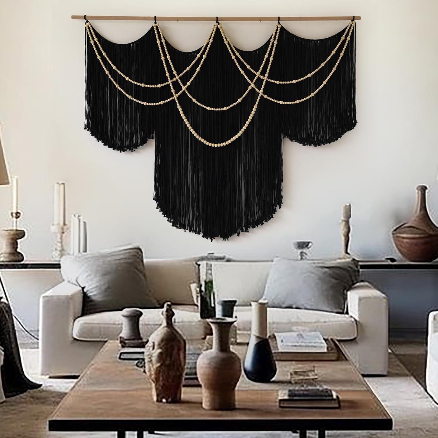 Macrame Wall Hanging Yarn Tapestry Home Decor Large Fiber Wall Art Living Room / Black1 / Black