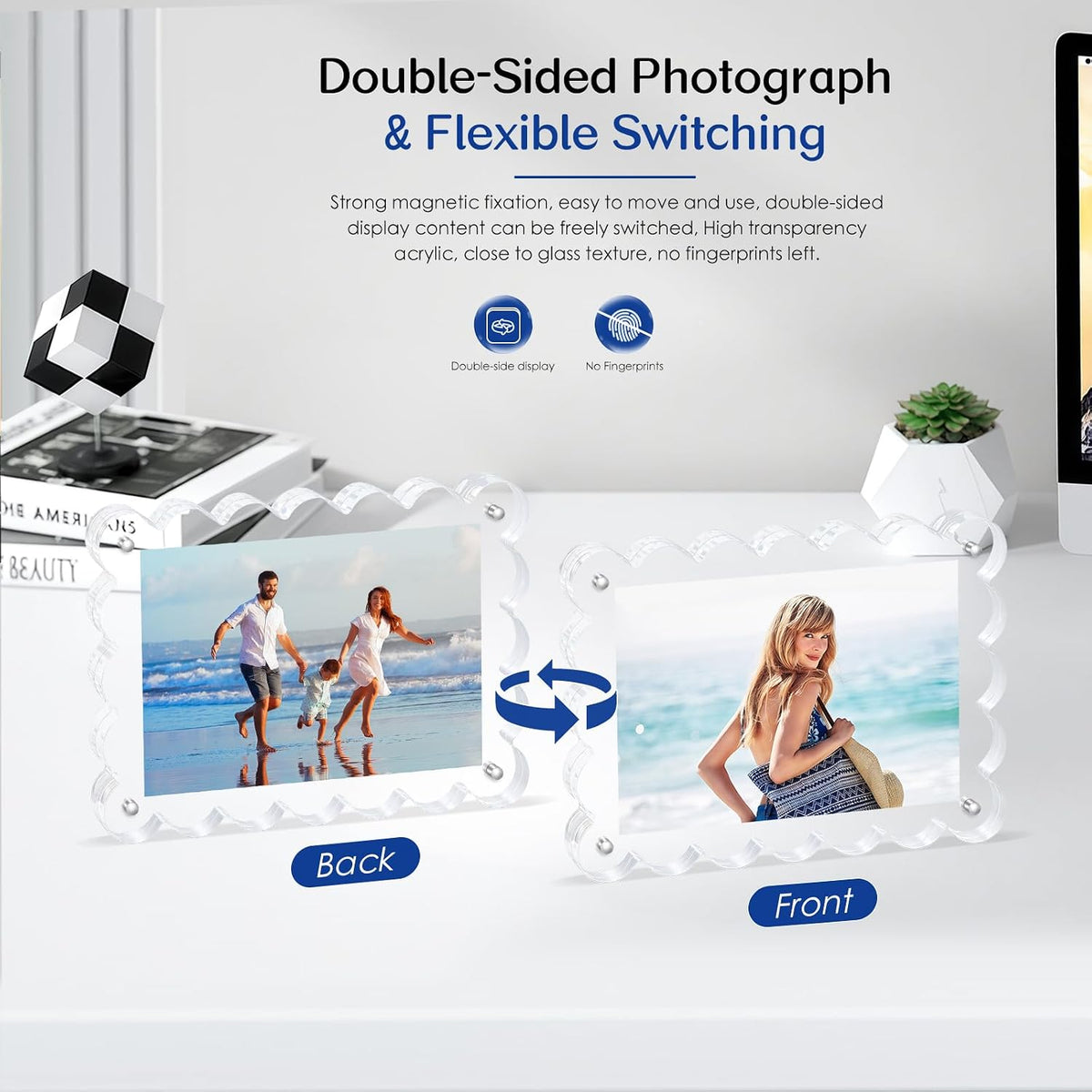 Scalloped Magnetic Picture Frame 4x6 Inch-2Pack Photo Frames | Clear frame,20mm Thick Double-Sided Magnet Design