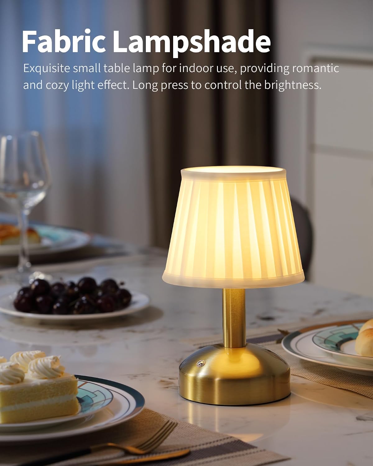 KDG Gold Cordless Small Table Lamp, Portable LED Fabric Shade Desk Lamp | Modern 4000mAh Rechargeable Battery Operated