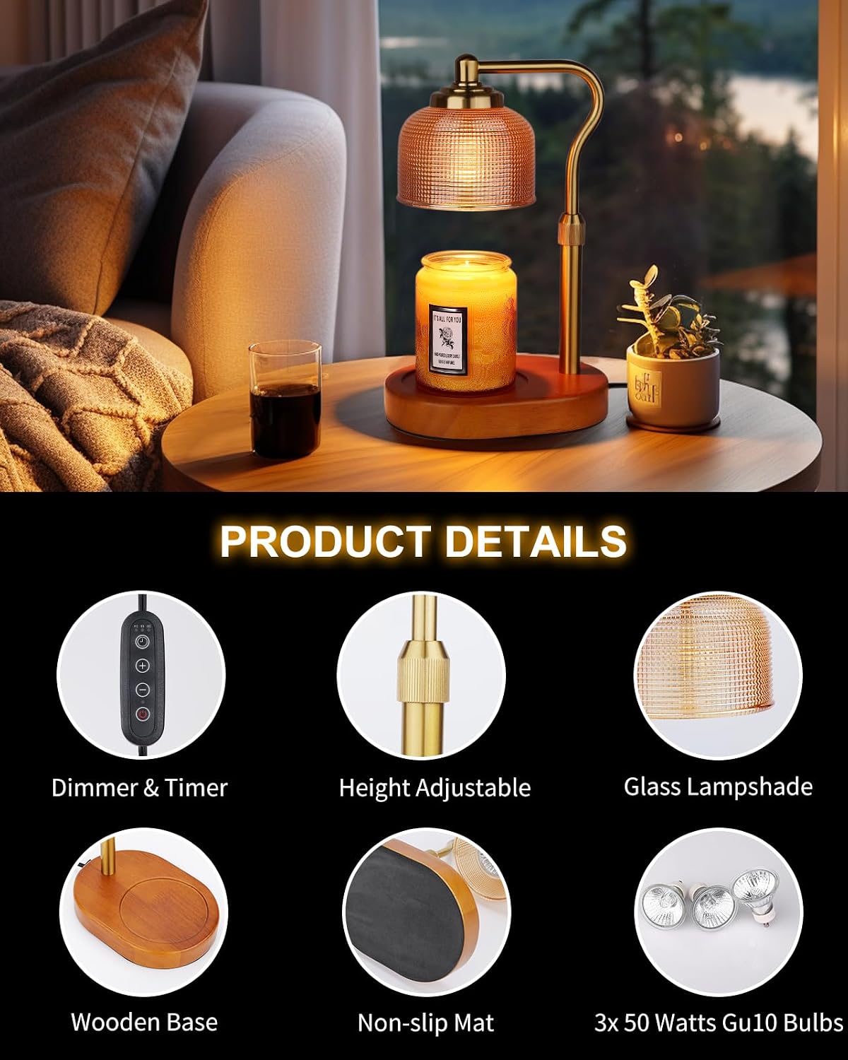 Candle Warmer Lamp Electric Candle Warmer with Timer Dimmable Candle Lamp Warmer with 3 Bulbs Height Adjustable Wax