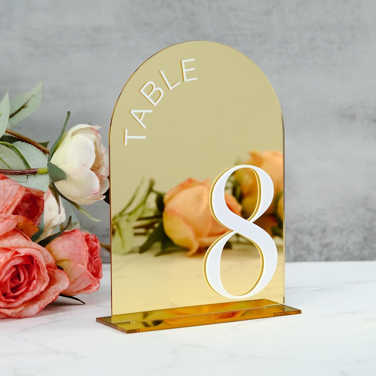 Gold Mirror Arch Wedding Table Numbers 1-15 with Stands | 15 Pack 5x7 Inch Gold Mirror Acrylic Arch Signs with Raised