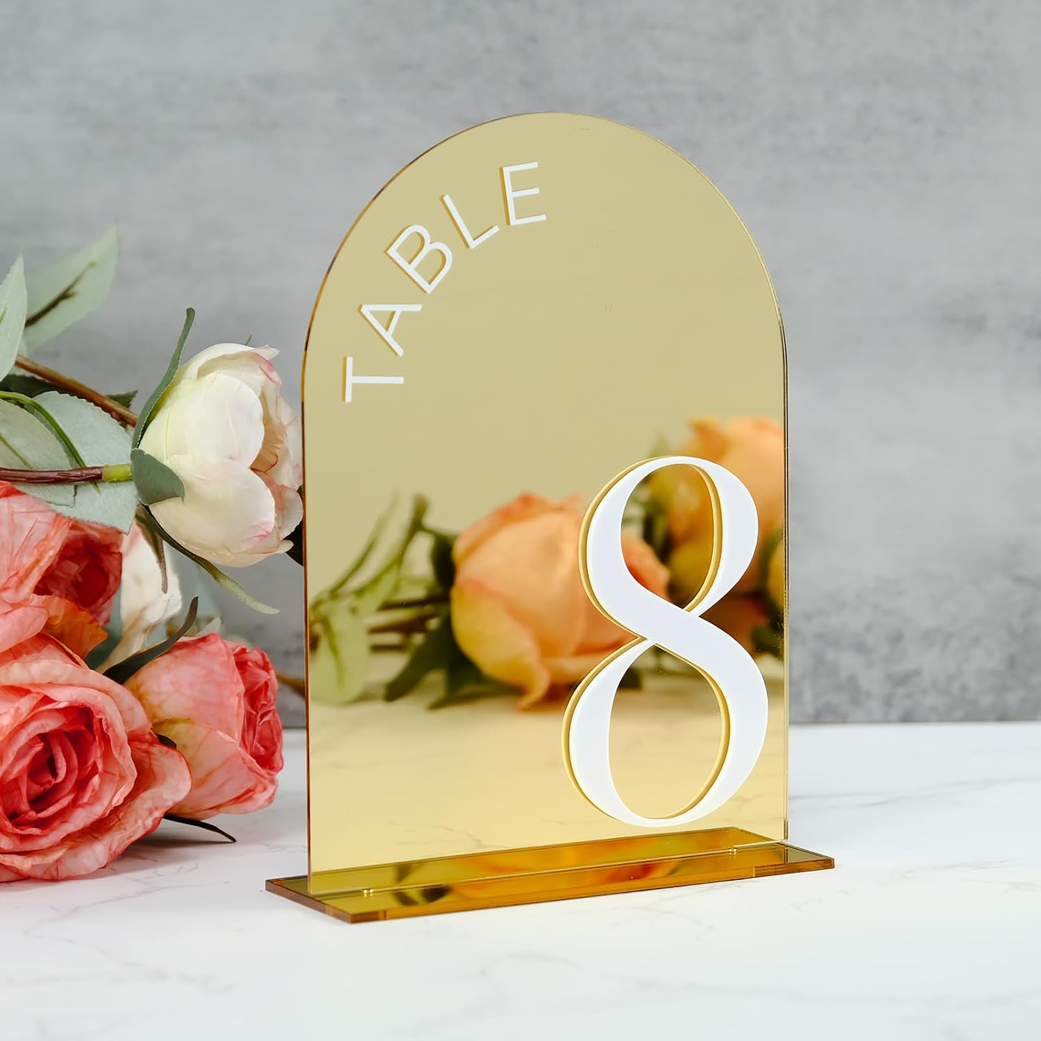 Gold Mirror Arch Wedding Table Numbers 1-15 with Stands | 15 Pack 5x7 Inch Gold Mirror Acrylic Arch Signs with Raised