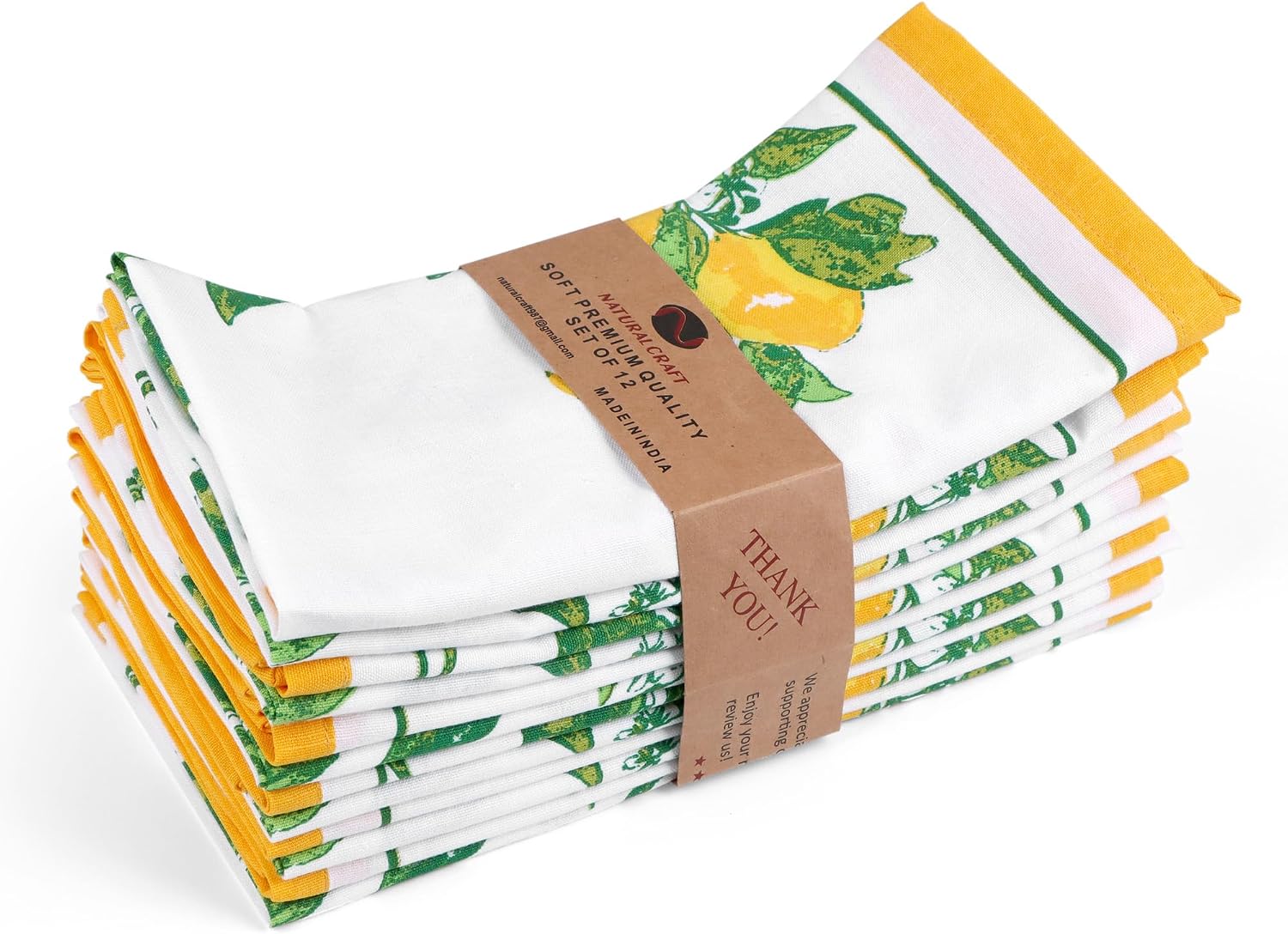 NATURALCRAFT Printed Cloth Napkins Set of 12 Cotton Linen Lemon Print | 20x20 inch Washable Reusable Fabric Soft