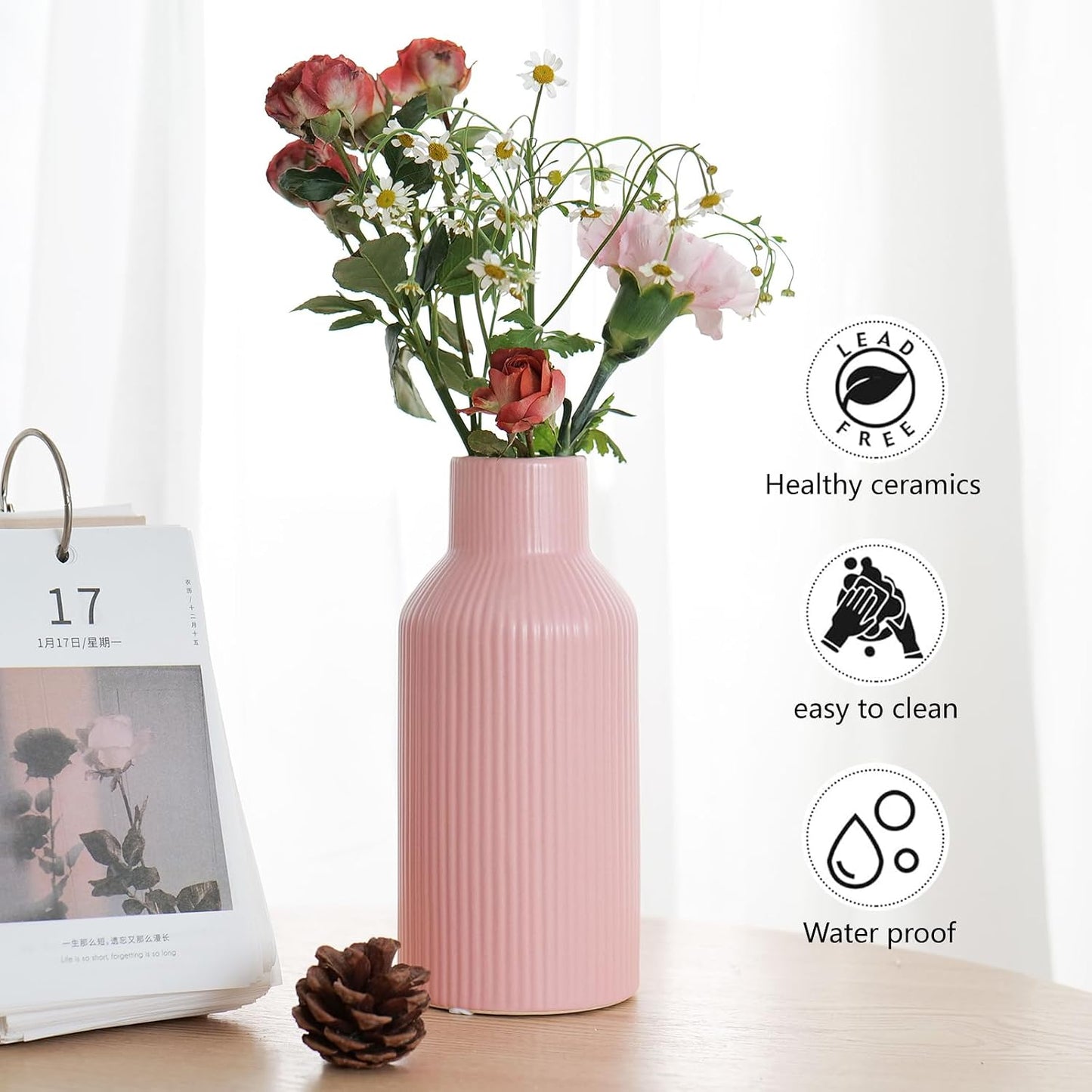 Bohemian Ceramic Vase / Pink / 8in
