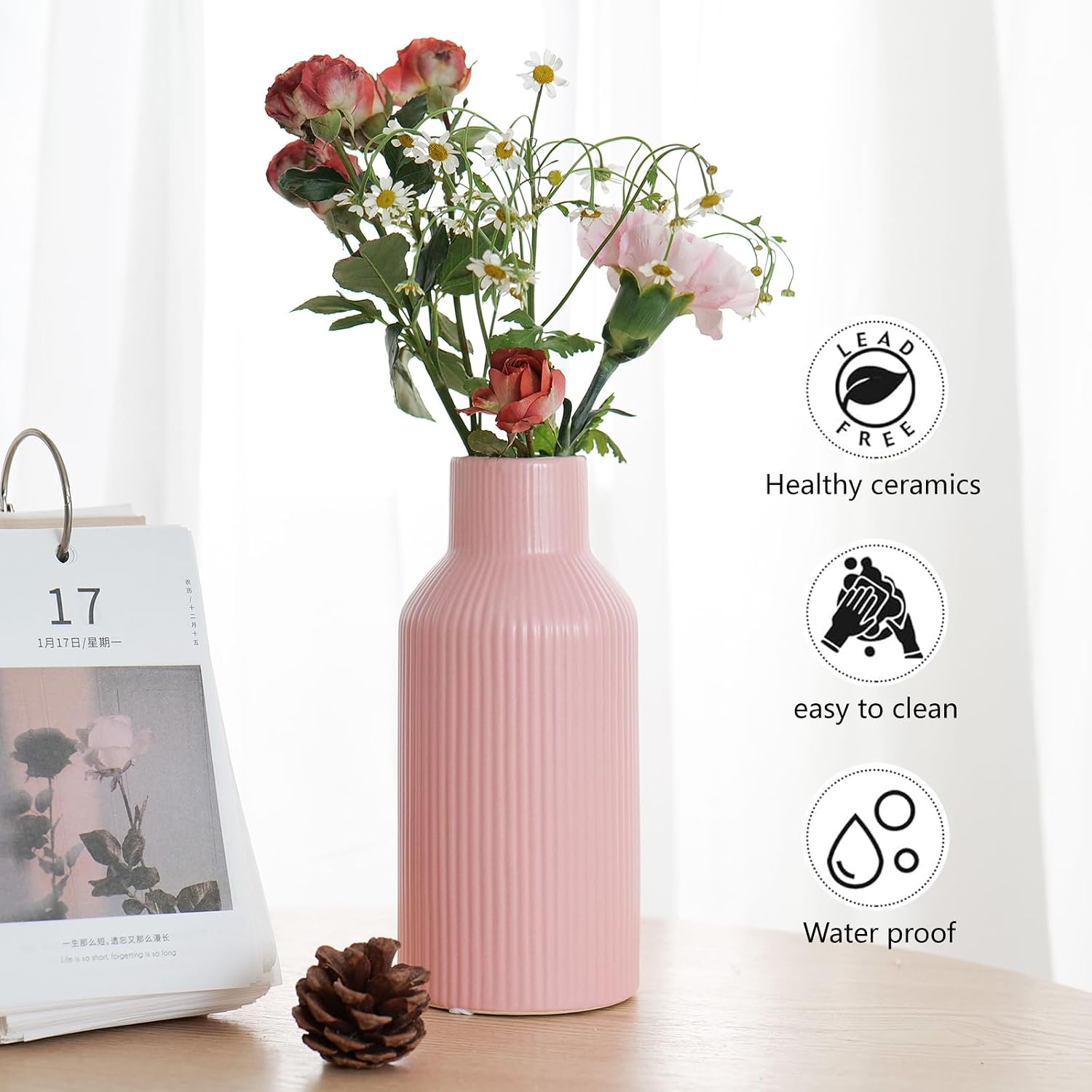 Bohemian Ceramic Vase / Pink / 8in