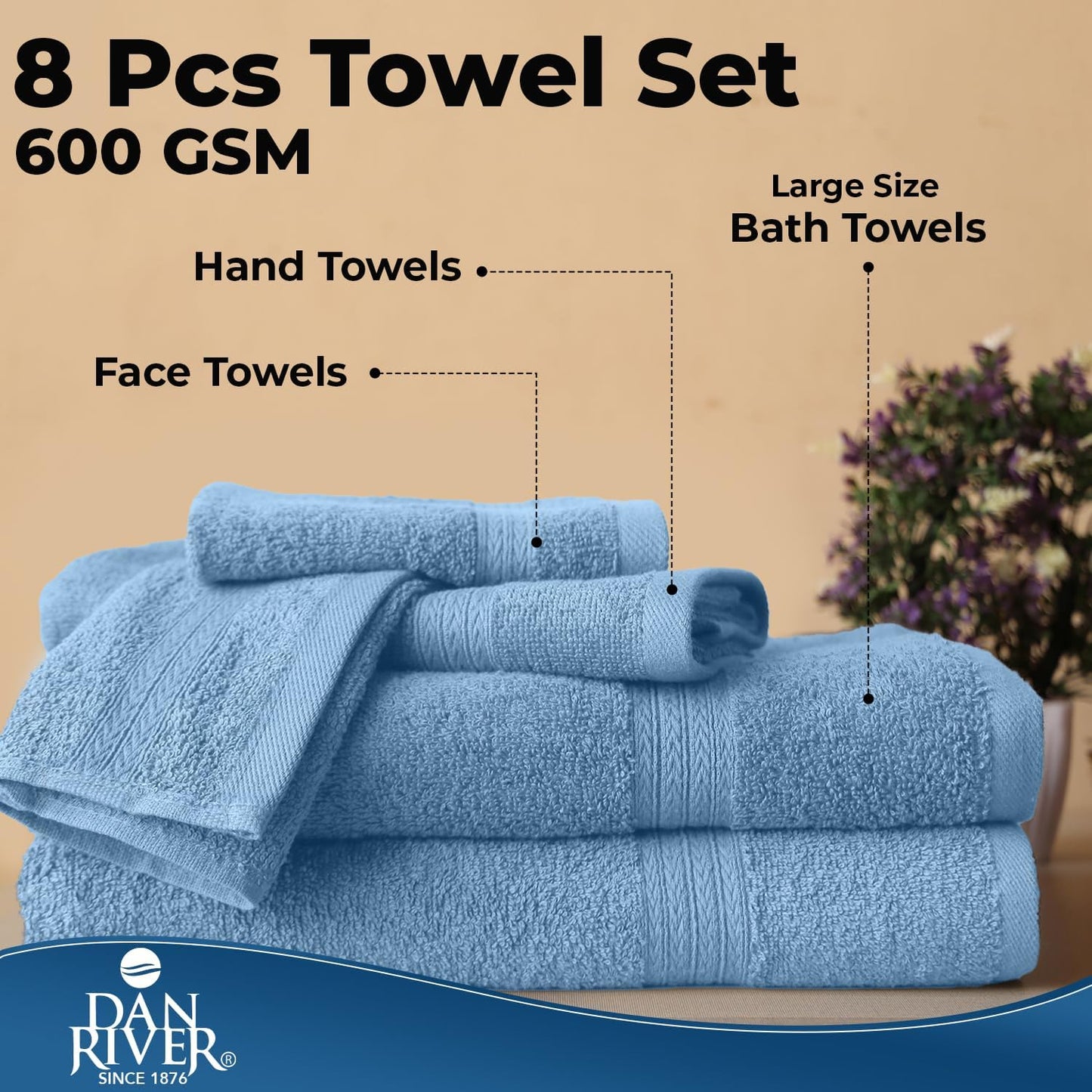 DAN RIVER 8 Piece Luxury Bath Towels for Bathroom, Towel Set, Medium Blue | 2 Bath towels, 2 Hand towels, and 4 Wash