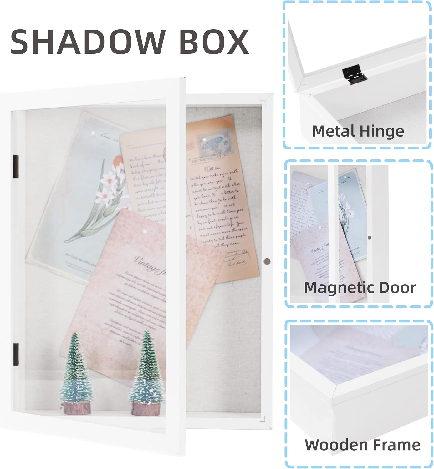 Muzilife 11x14 Shadow Box Wood Picture Frame, 2.16 Deep, Real Glass, White | FSC-Wood, Magnetic Door, Linen Interior &