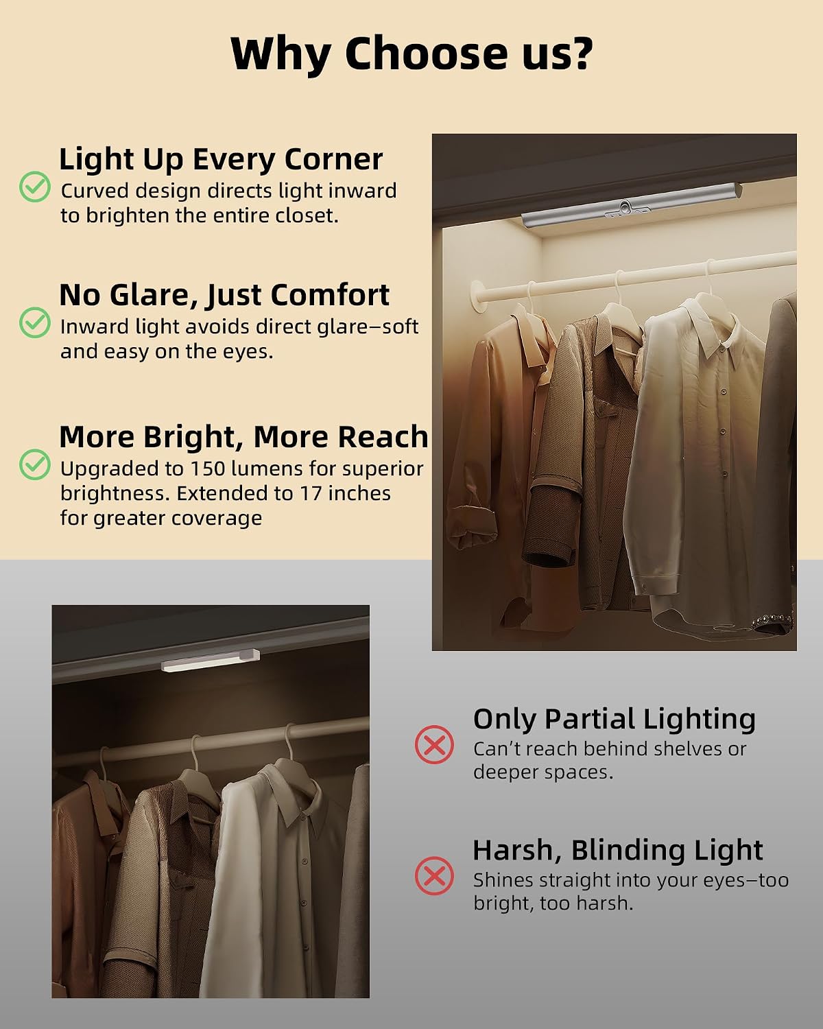 EZVALO 17-Inch Motion Sensor Closet Lights Indoor | 3 Pack, 3600mAh Rechargeable Battery, 180 Lumens, No-Glare