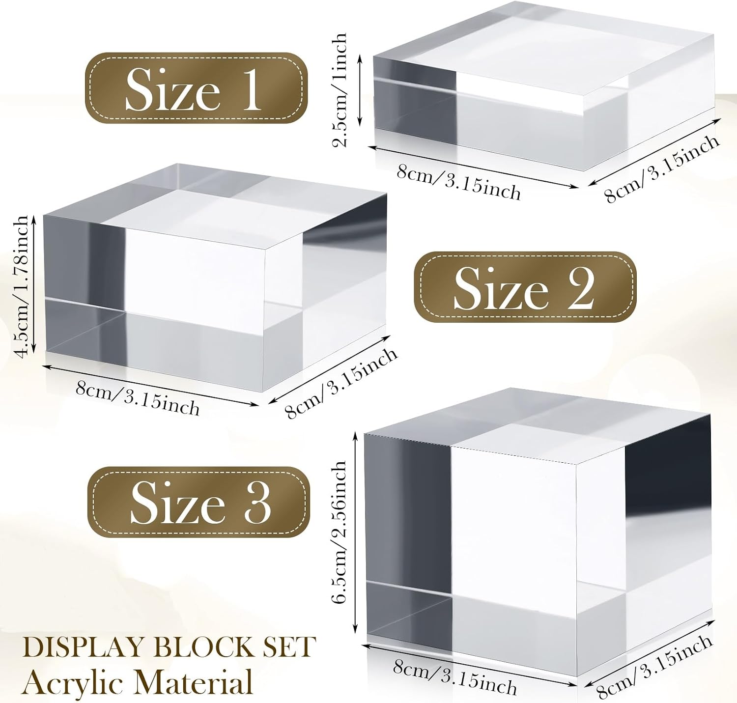6 Pcs Acrylic Risers Stand Display Block Decor Riser 3 Size Decor Clear Polished Cube Solid Pedestal Stand for Jewelry