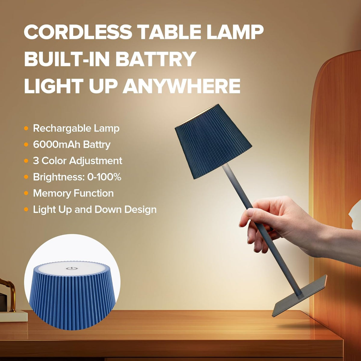 LUTEC 2 Pack Cordless Table Lamp,6000mAh Rechargeable Battery Operated Desk Lamp,Two Adjustable Heights,Waterproof