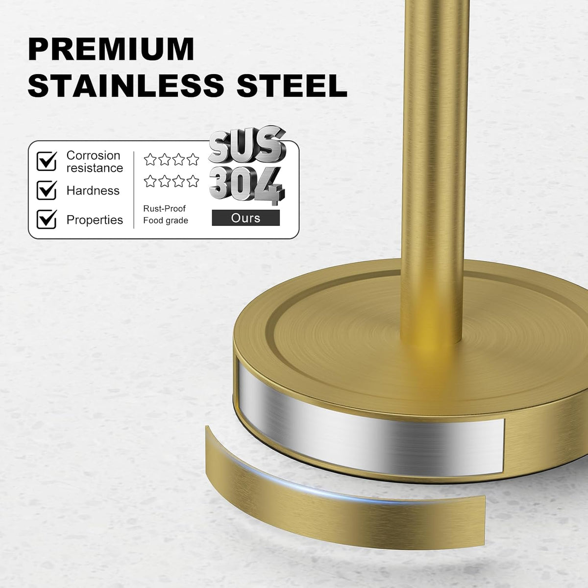 Brass Paper Towel Holder Countertop,One-Handed Tear, Stainless Steel, Weighted Base Paper Towel Roll Holder Stand,Paper