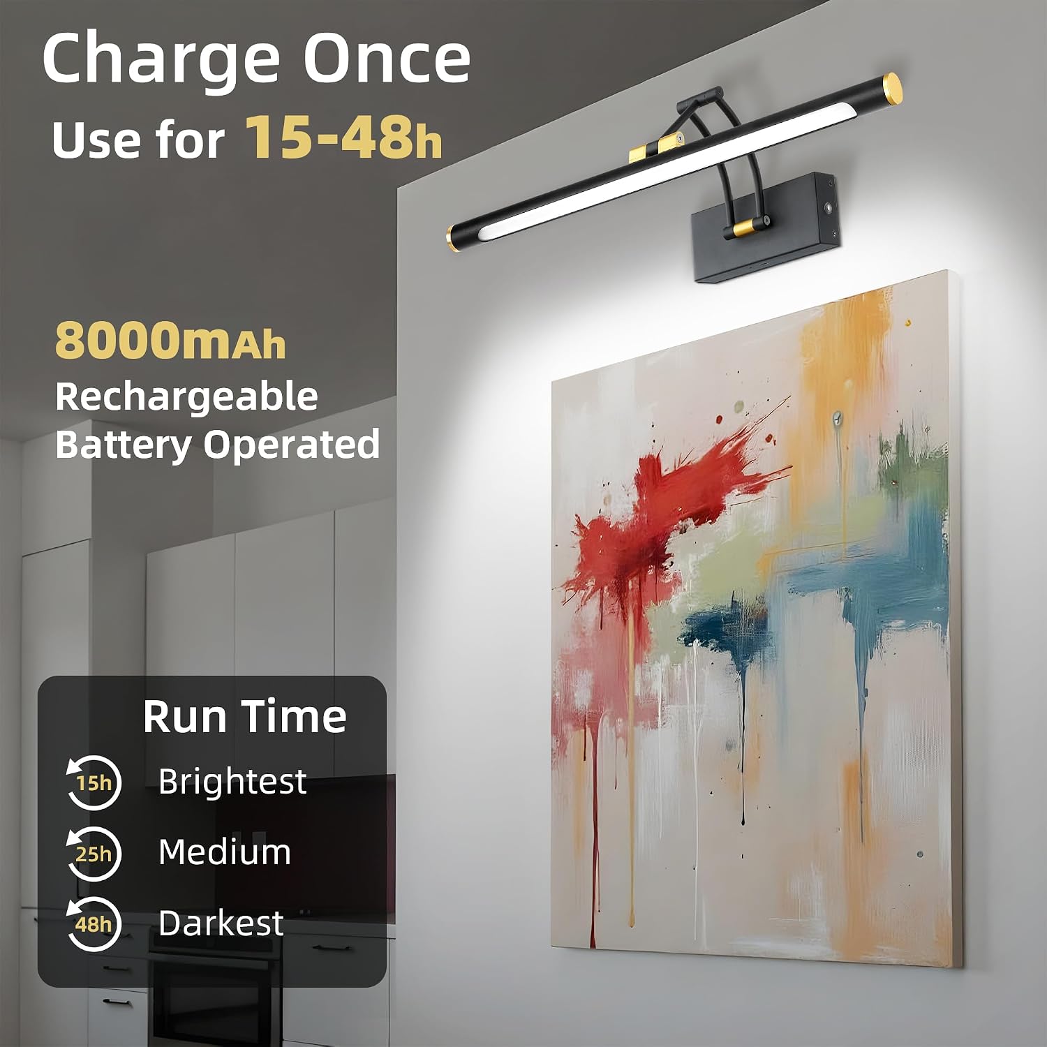 16" Picture Lights for Wall, 8000mAh Rechargeable Wireless Remote | Battery Operated Art Light 3000K/4000K/6000K