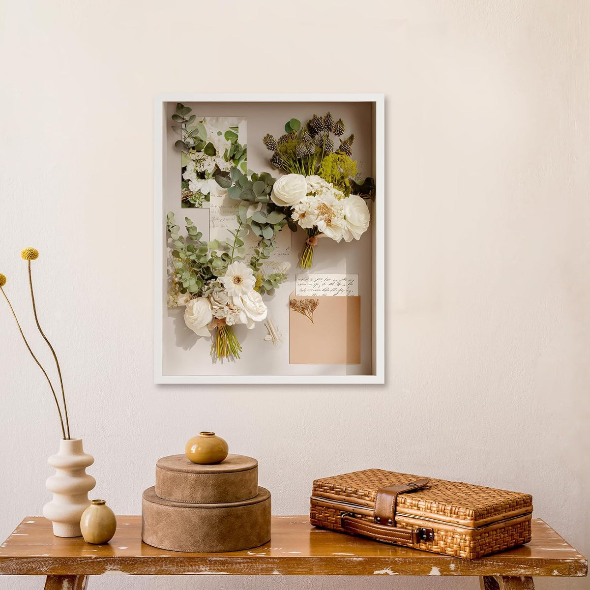 QDSSDECO 16" x 20" Shadow Box Frame, Linen Back, Real Glass,White | Deep interior, real glass front, wall or tabletop