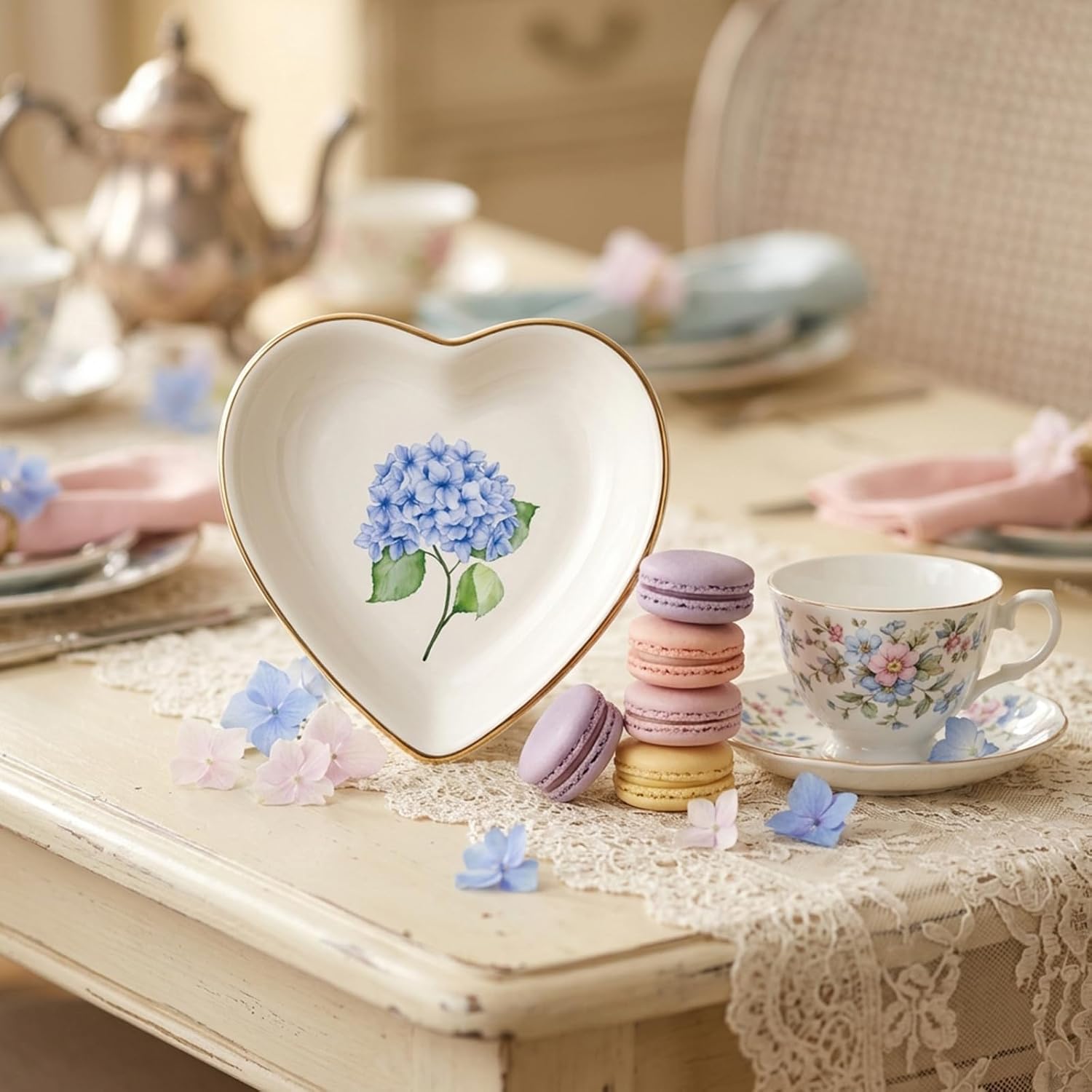 Hydrangea Flower Ring Dish Heart Shaped Ceramic Jewelry Tray Watercolor Floral Trinket Dish / Blue
