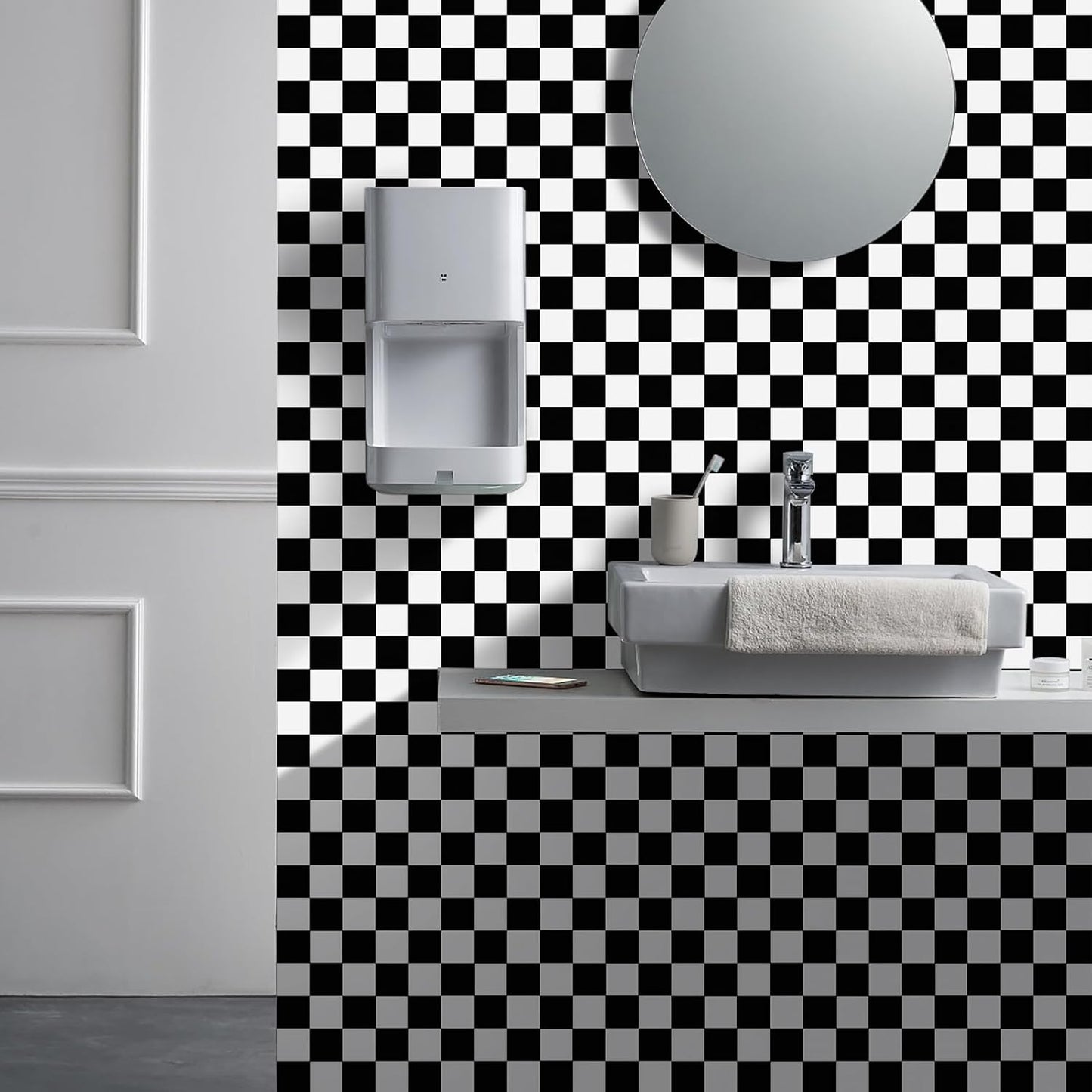 White Checkered Flag Contact Paper Checkerboard Peel / 17.3 x 480 / Checker / Black / Set of 17