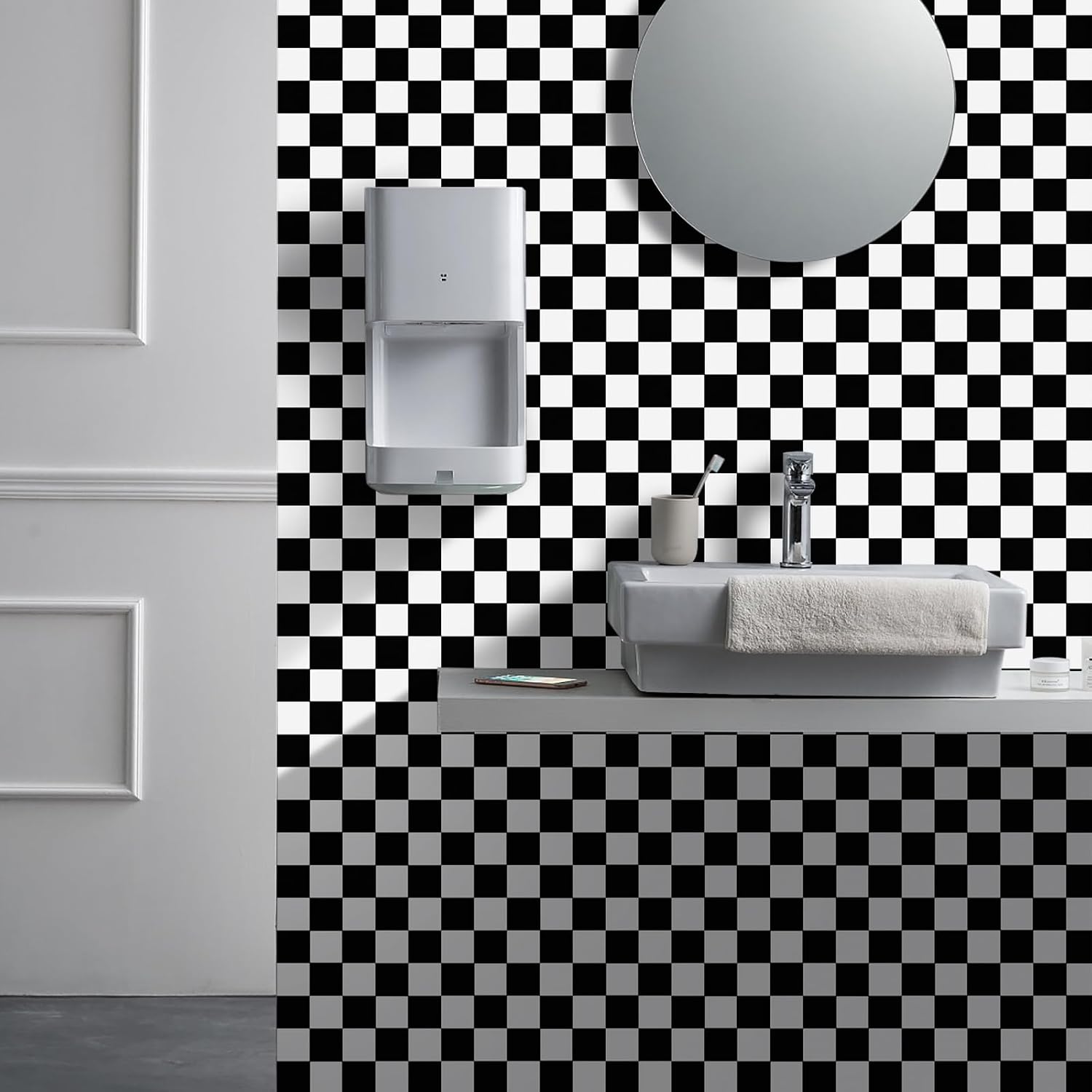 White Checkered Flag Contact Paper Checkerboard Peel / 17.3 x 480 / Checker / Black / Set of 17