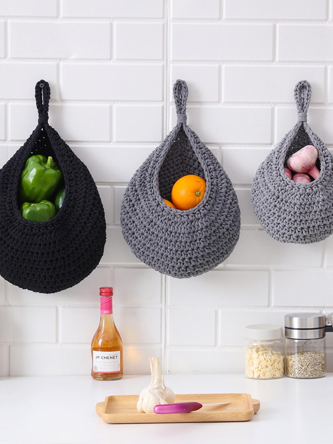 Boho hand-woven hanging linen basket / Set of 3