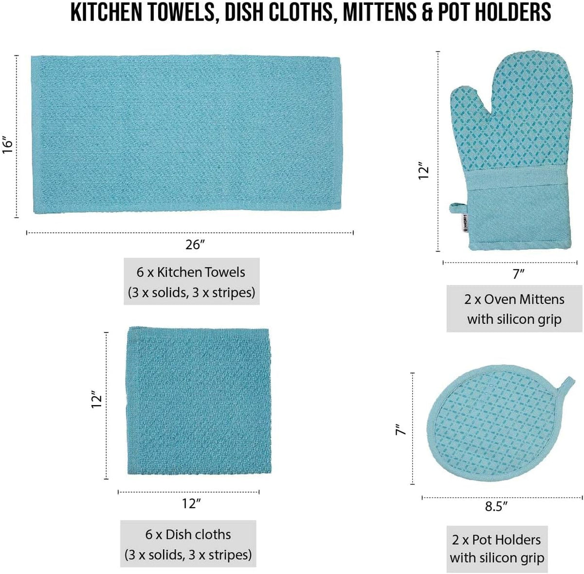 Lane Linen 16Pc Kitchen Towel Set - Heat Resistant Oven Mitts & Pot Holders, Reusable Dish Cloths, Absorbent Hand