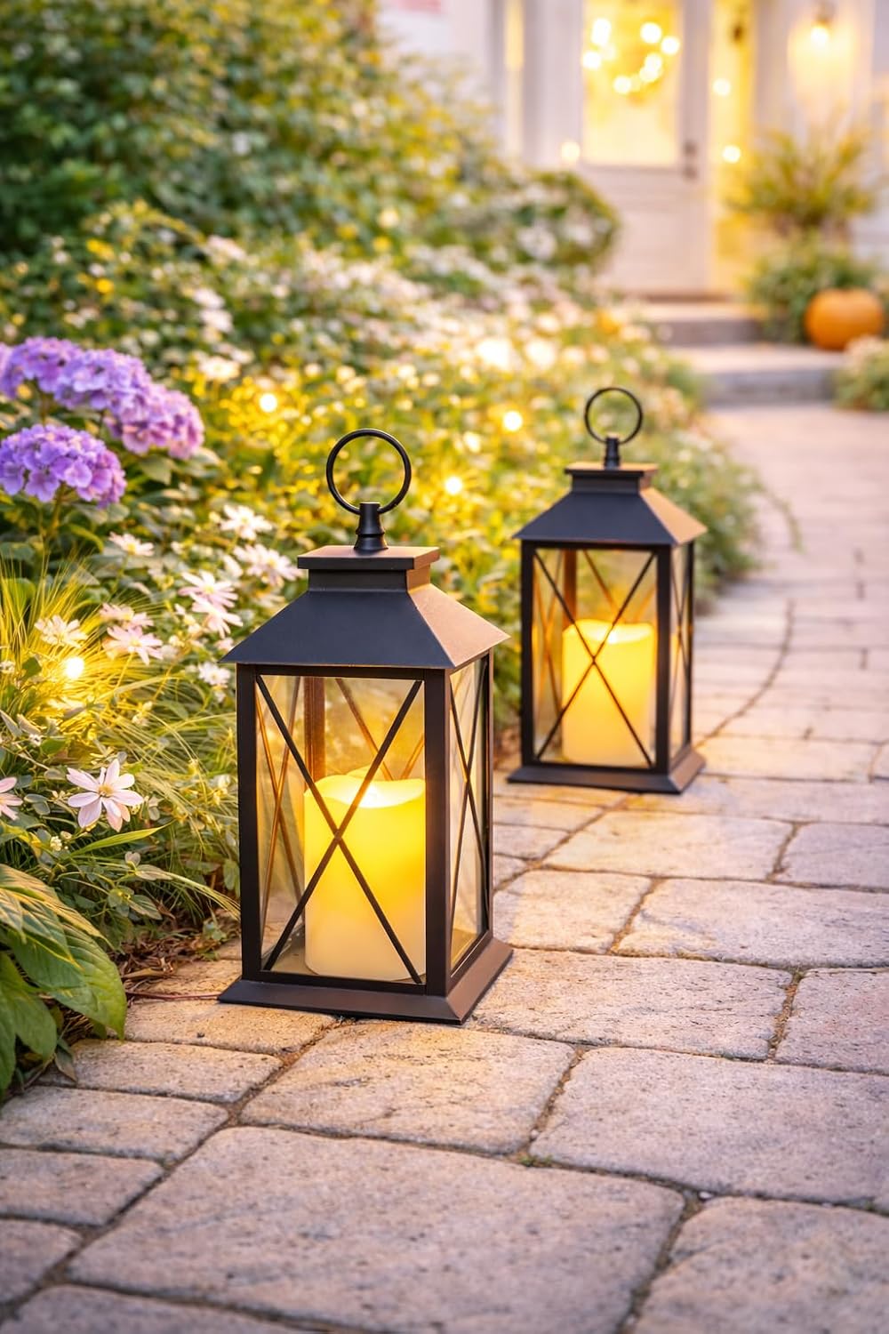 Black Decorative Lantern Set of 2 with LED Candle – Lighted Lanterns with Cross Bar Design, 4 Hour Timer, Indoor