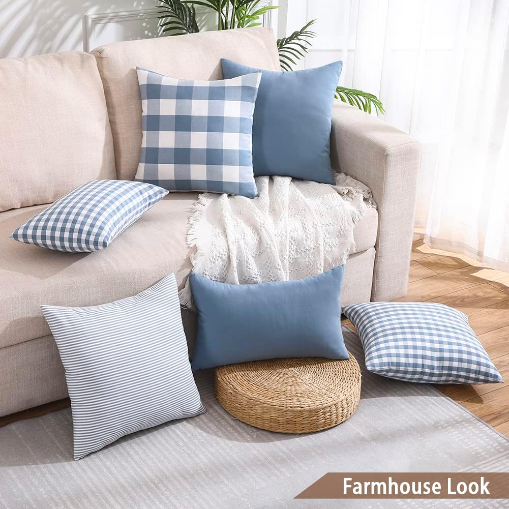 Light Blue Pillow Covers Farmhouse Plaid Throw Pillows Spring / Grey Blue / 18 x 18 / Set of 4