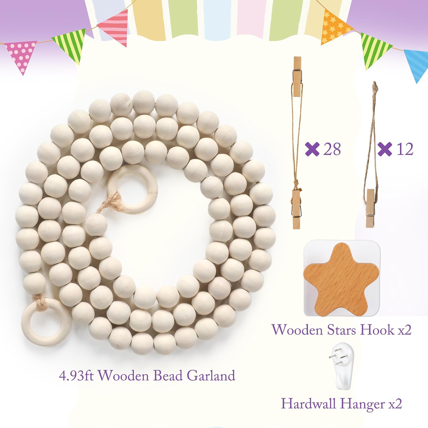 Kids Artwork Display Art Wall Decor Boho Wooden Beaded Garland Collage Holder / Natural / 4.93 Inch