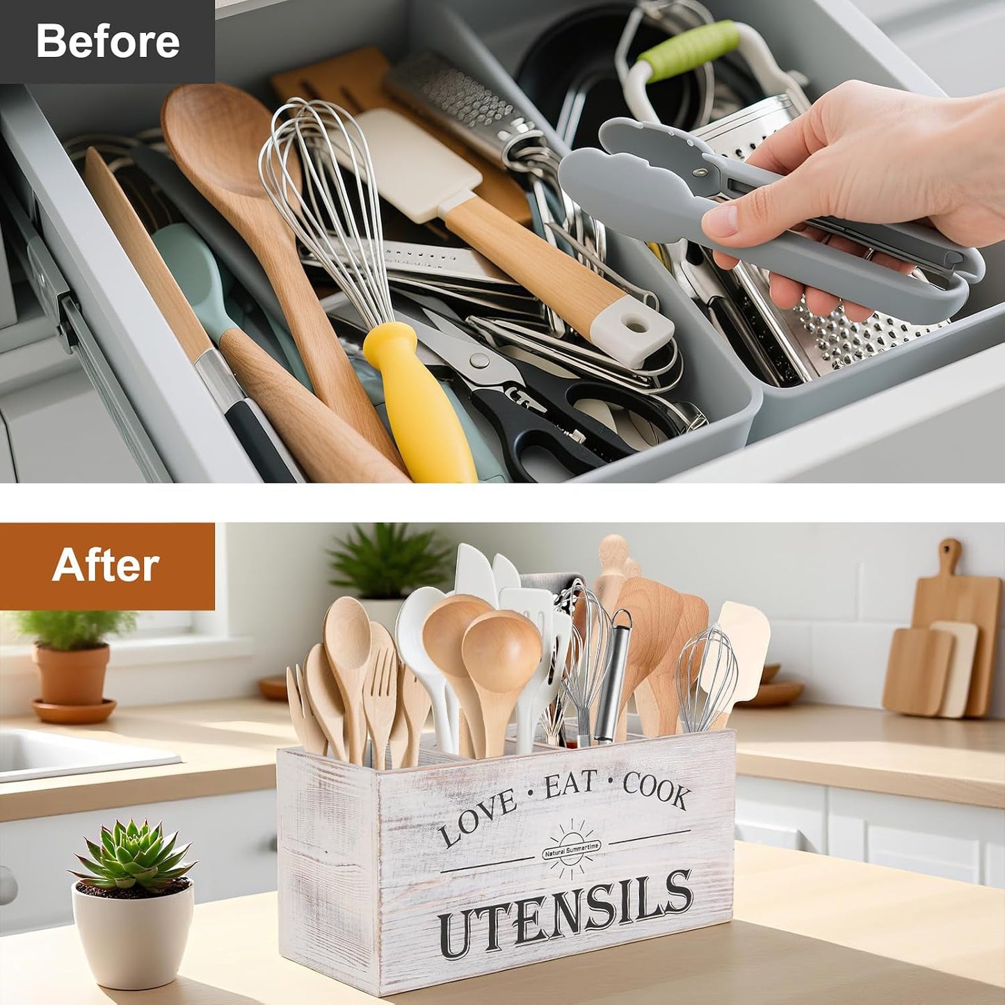 2 PC Wooden Utensil Holder,（With 4-Compartments size*1 + 3-Compartments size*1） Extra Large Kitchen Counter,Cooking