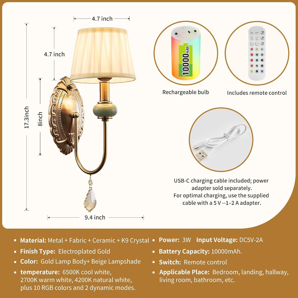 Wireless Battery Operated Antique Brass Wall Sconces Set of 2, 10000mAh Rechargeable Gold Crystal Vintage Fabric Shade