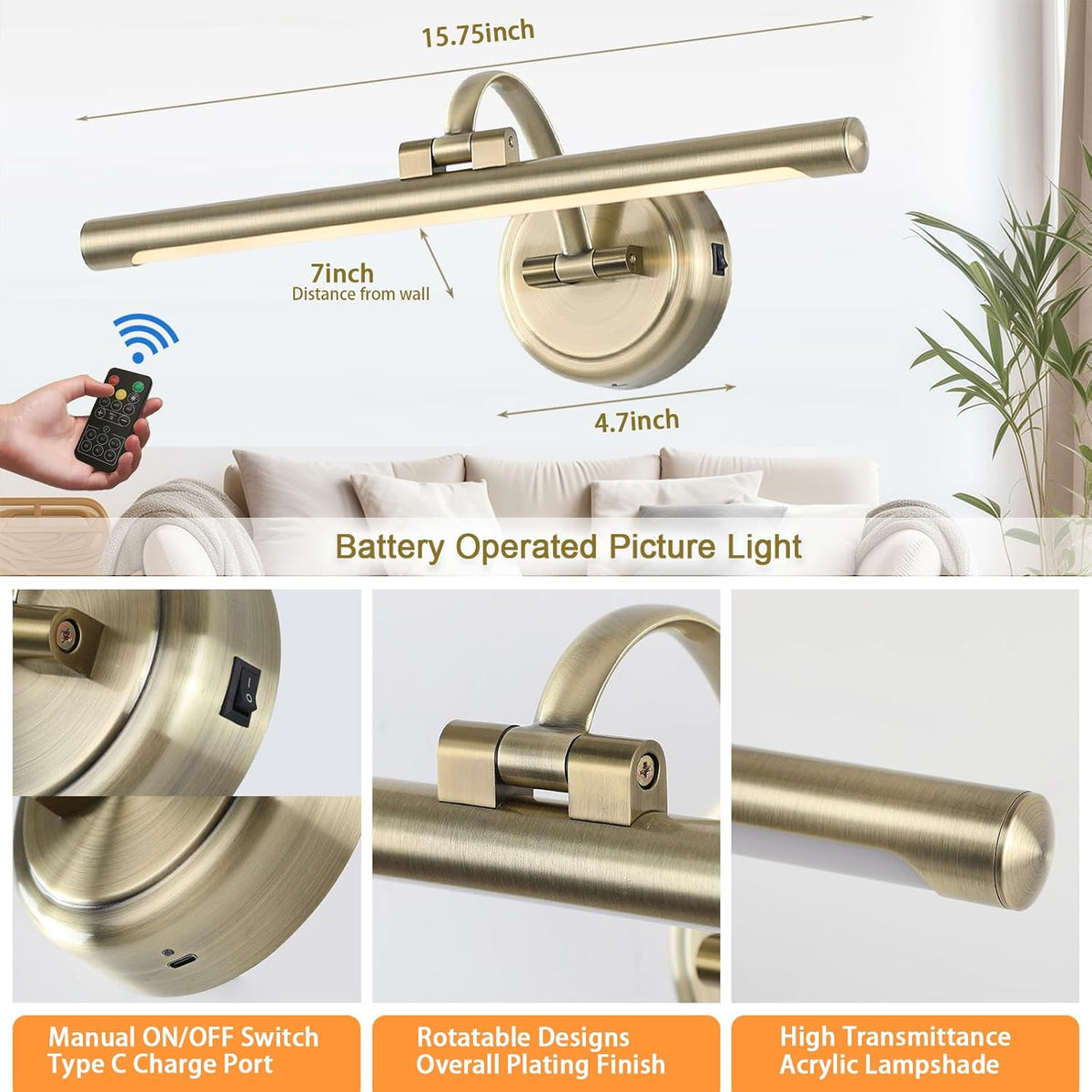 Tassuowell Picture Light for Wall, Battery Operated Art Light, Picture Frame Light with Remote & Timer, Cordless Wall