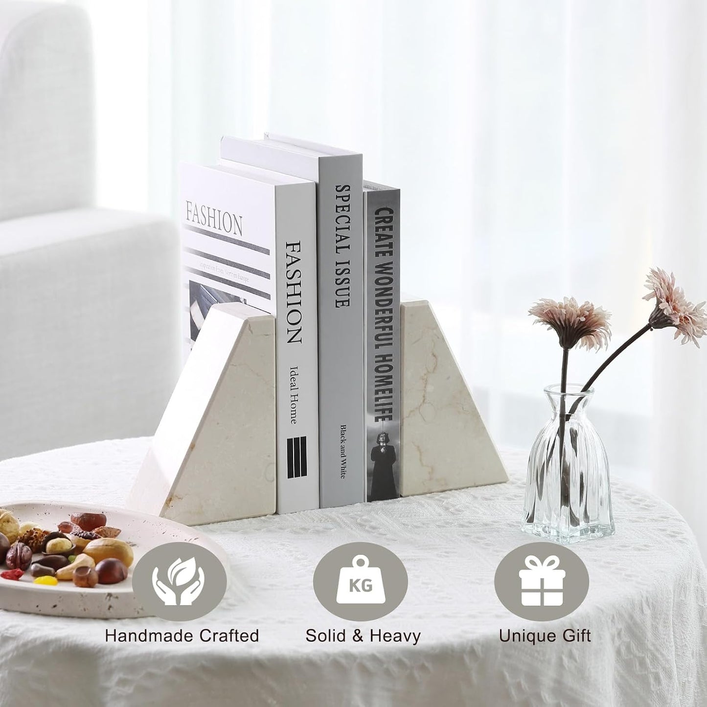 Marble Bookends / Large Bookends for Heavy Books / Trapezoid-beige