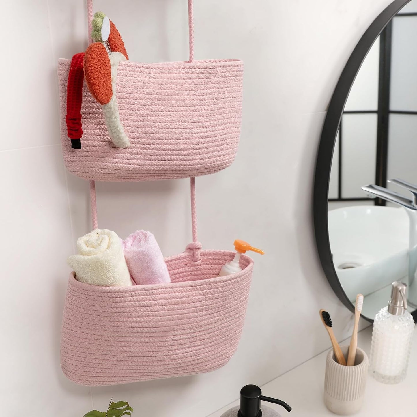 3-Tier Woven Cotton Wall-Mounted Storage Organizer Bag Decorative Hanging Nursery / Pink