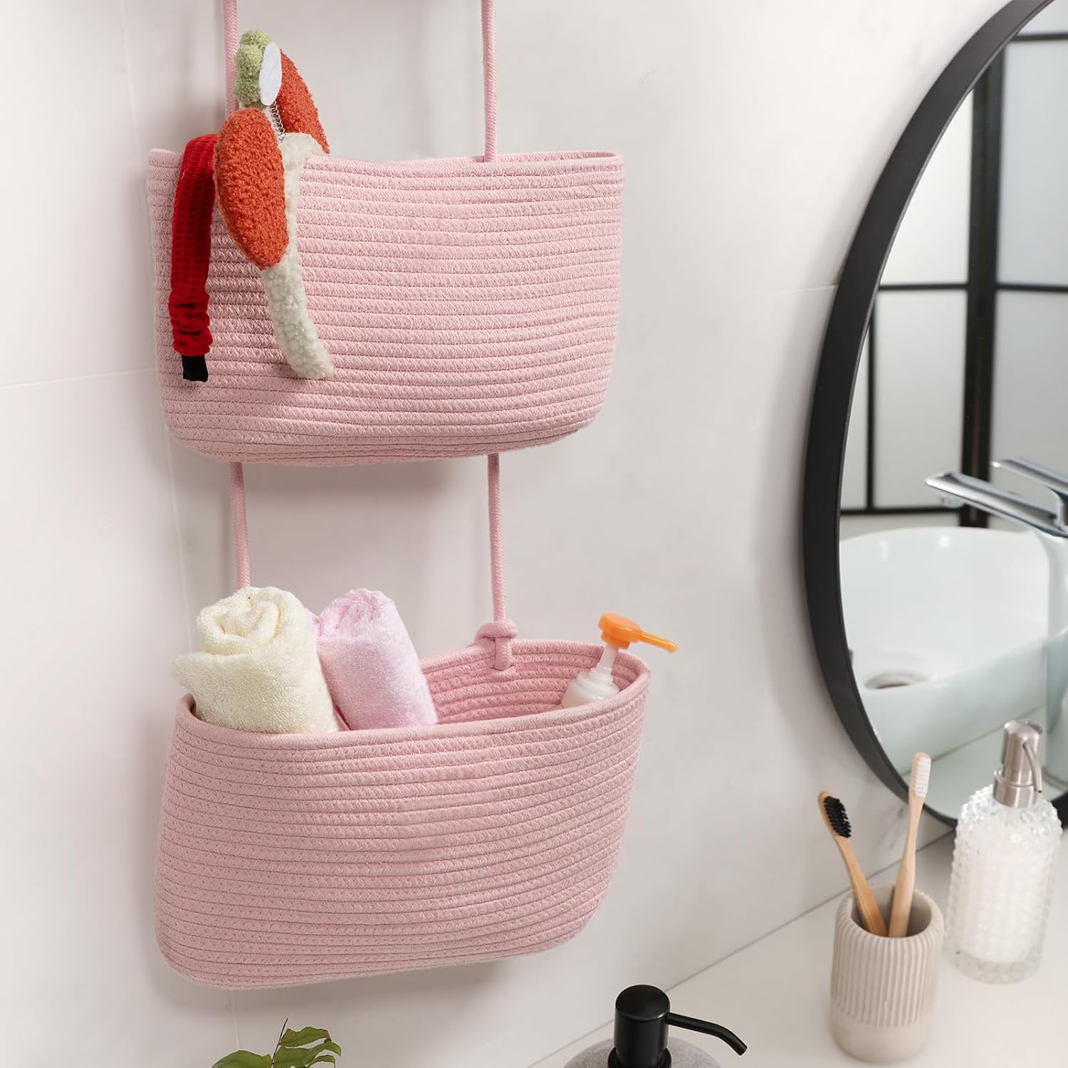 3-Tier Woven Cotton Wall-Mounted Storage Organizer Bag Decorative Hanging Nursery / Pink