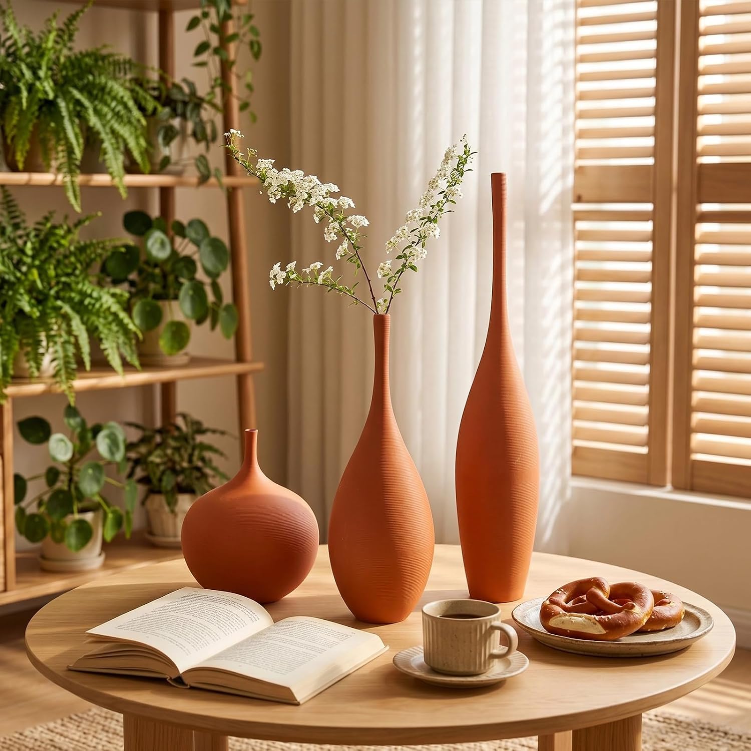 Ceramic Vases / Modern Boho Vases for Centerpiece Decor / Terracotta Brown / Set of 3