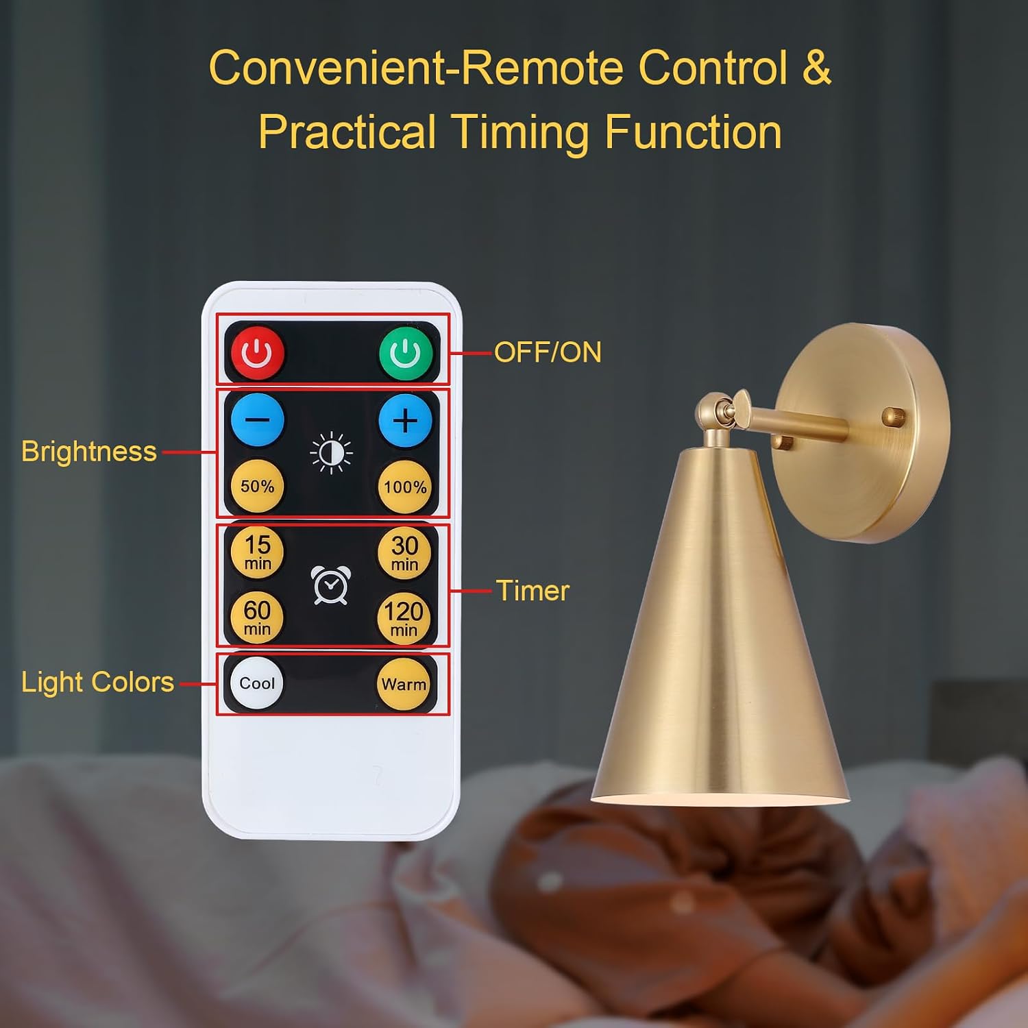 MWZ Gold Battery Operated Wall Sconces Set of Two,Wireless Indoor Lighting with Remote Control, Modern Dimmable 2 Color