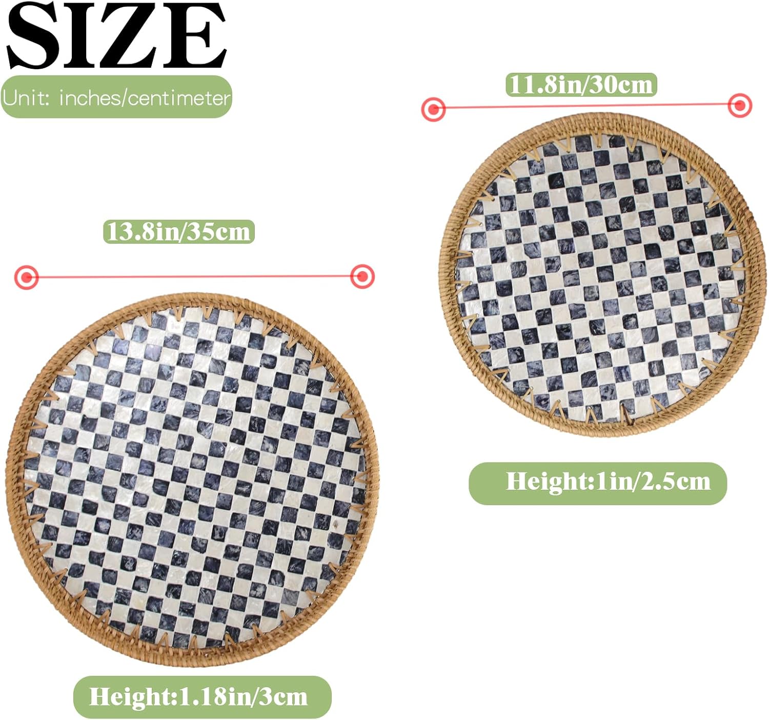 Round Rattan Mother of Pearl Inlay Serving Tray / Checkerboard / 11.8 Inch / Set of 2