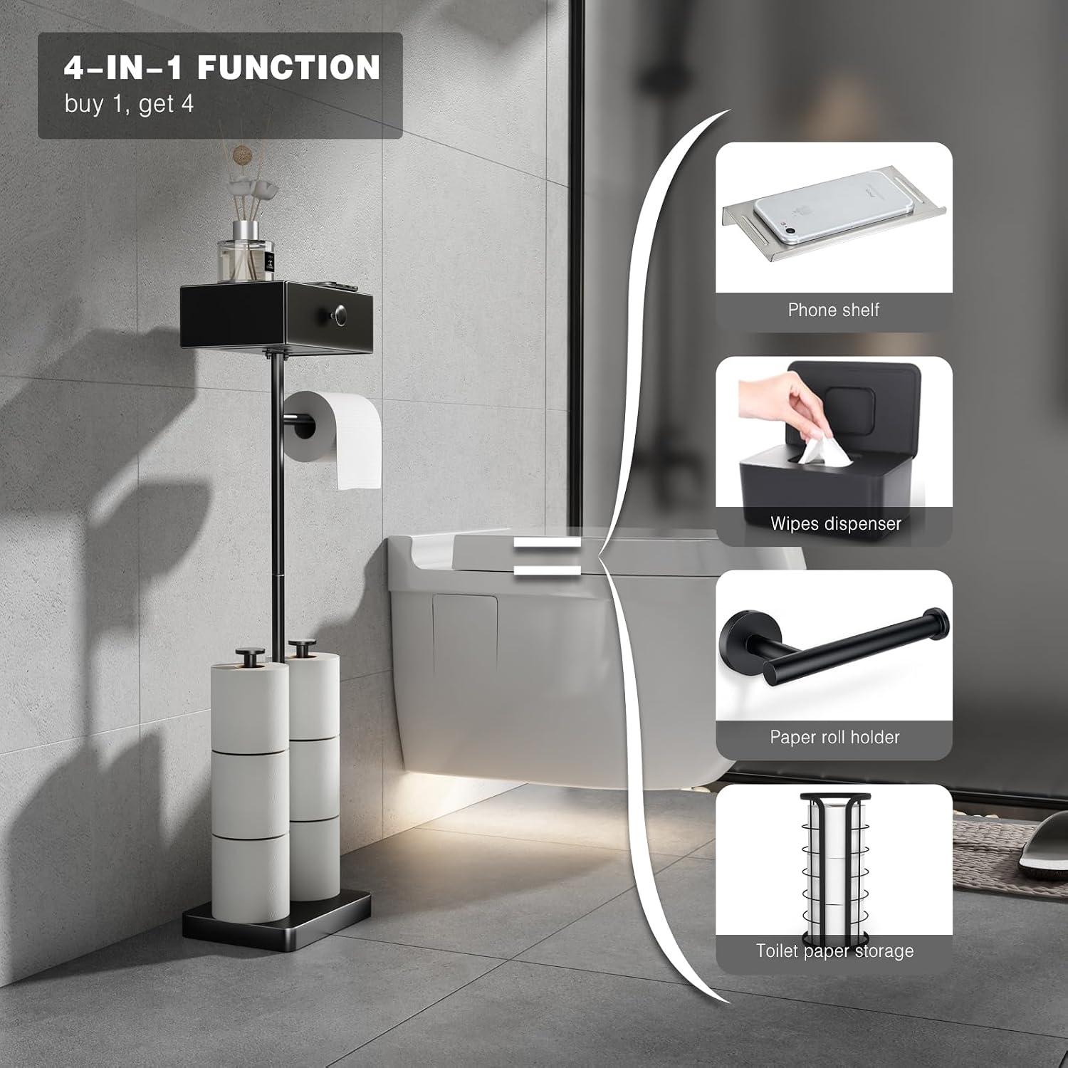 VOLDRA Toilet Paper Holder Stand with Shelf, Free Standing Black Toilet Paper Roll Holder with Wipes Storage Drawer