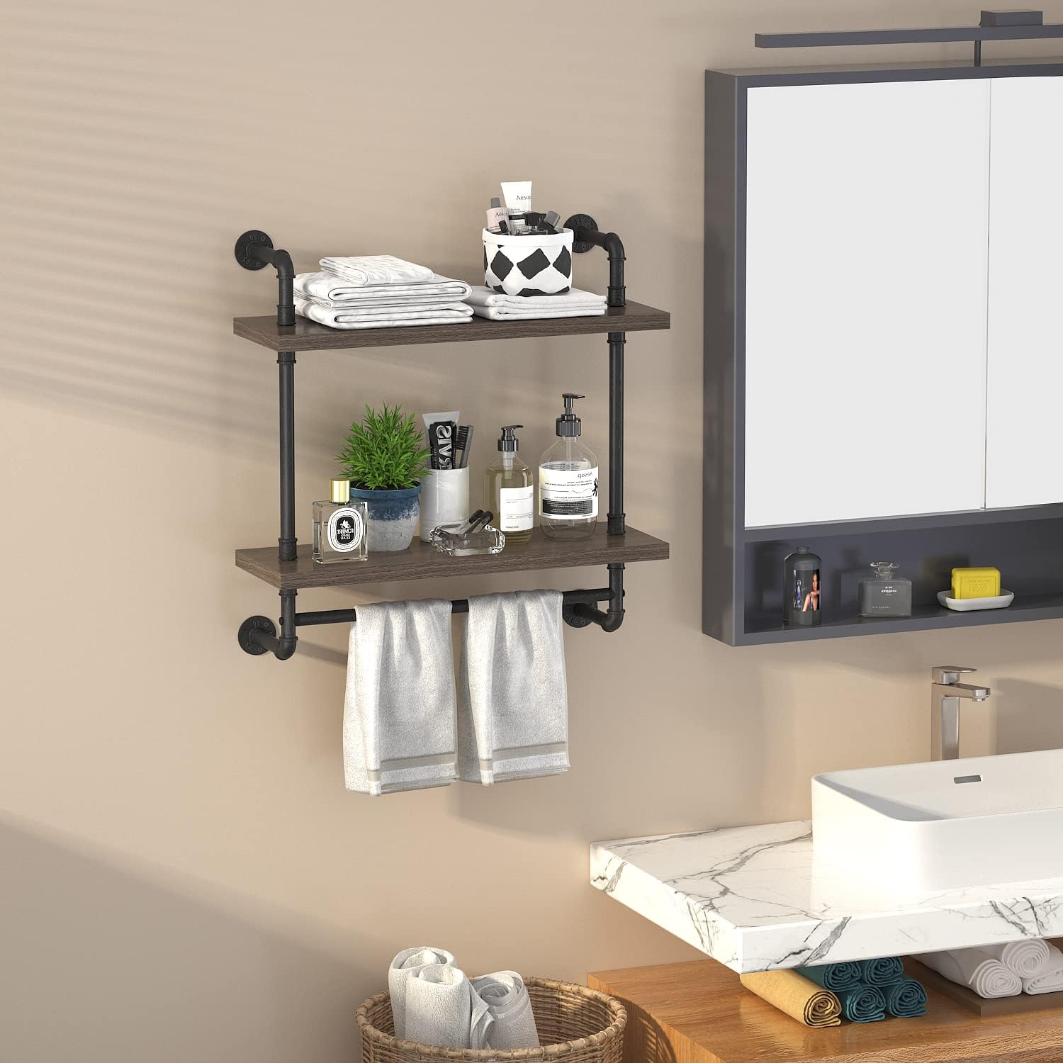 Helsin 2 Tier Wood Floating Shelves Towel Rack, Industrial Pipe Bathroom Shelves Wall Mounted with Towel bar, Wall