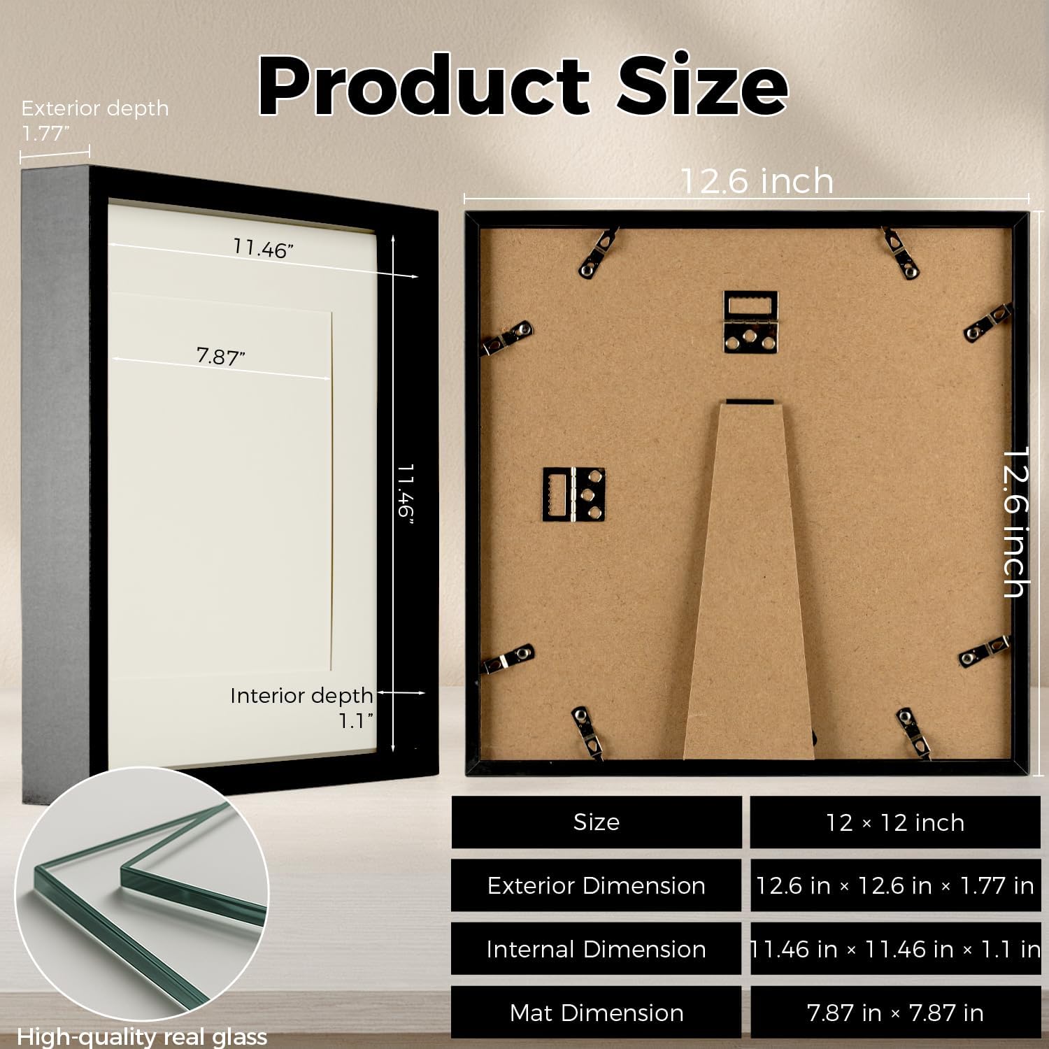 12x12 Shadow Box Picture Frame, Deep 1.77” Display Case with Real Glass, Removable Inner Frame & Black/White Mat for