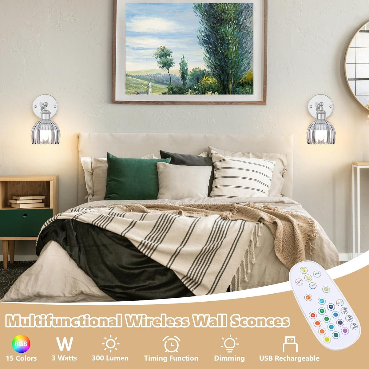 Vintage Battery Operated Wall Sconce, Smoky Gray Tulip Glass Lampshade Wireless Rechargeable Battery Powered LED Wall
