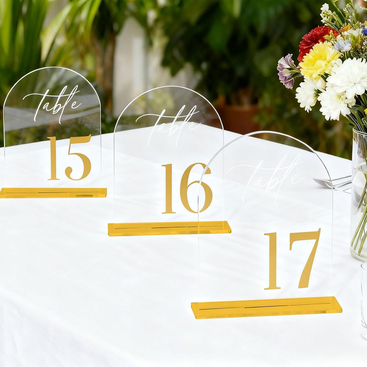 1-20 Arch Acrylic Wedding Table Numbers with Stands 5x8 Inch Signs | Transparent acrylic, golden letter print, sturdy