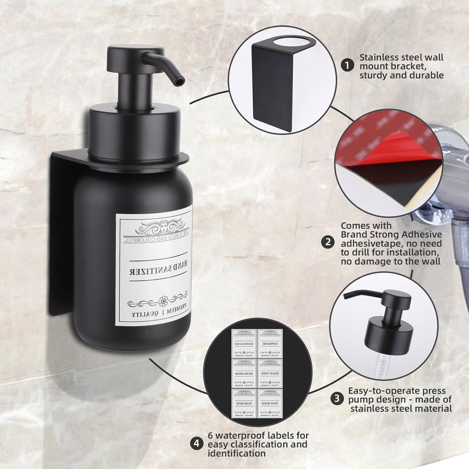 Black Glass Soap Dispenser Wall Mount for Bathroom with Pump and Drill-Free Holders - 8.5 Oz Hand Soap Dispenser