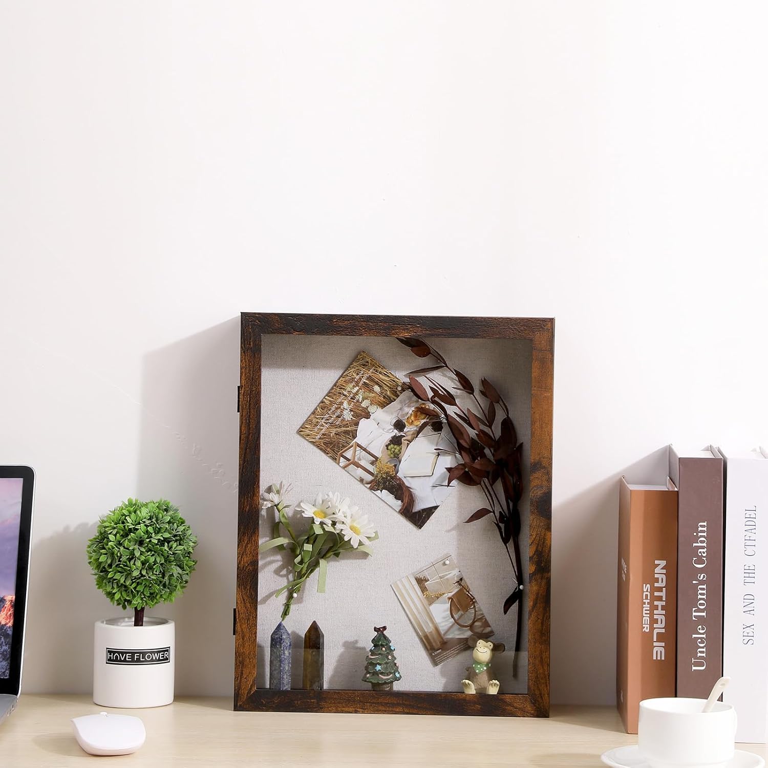 Muzilife 11x14 Shadow Box Picture Frame, 2.16 Deep, HD Glass, Honey Brown | FSC-Wood, Magnetic Door, Linen Interior &