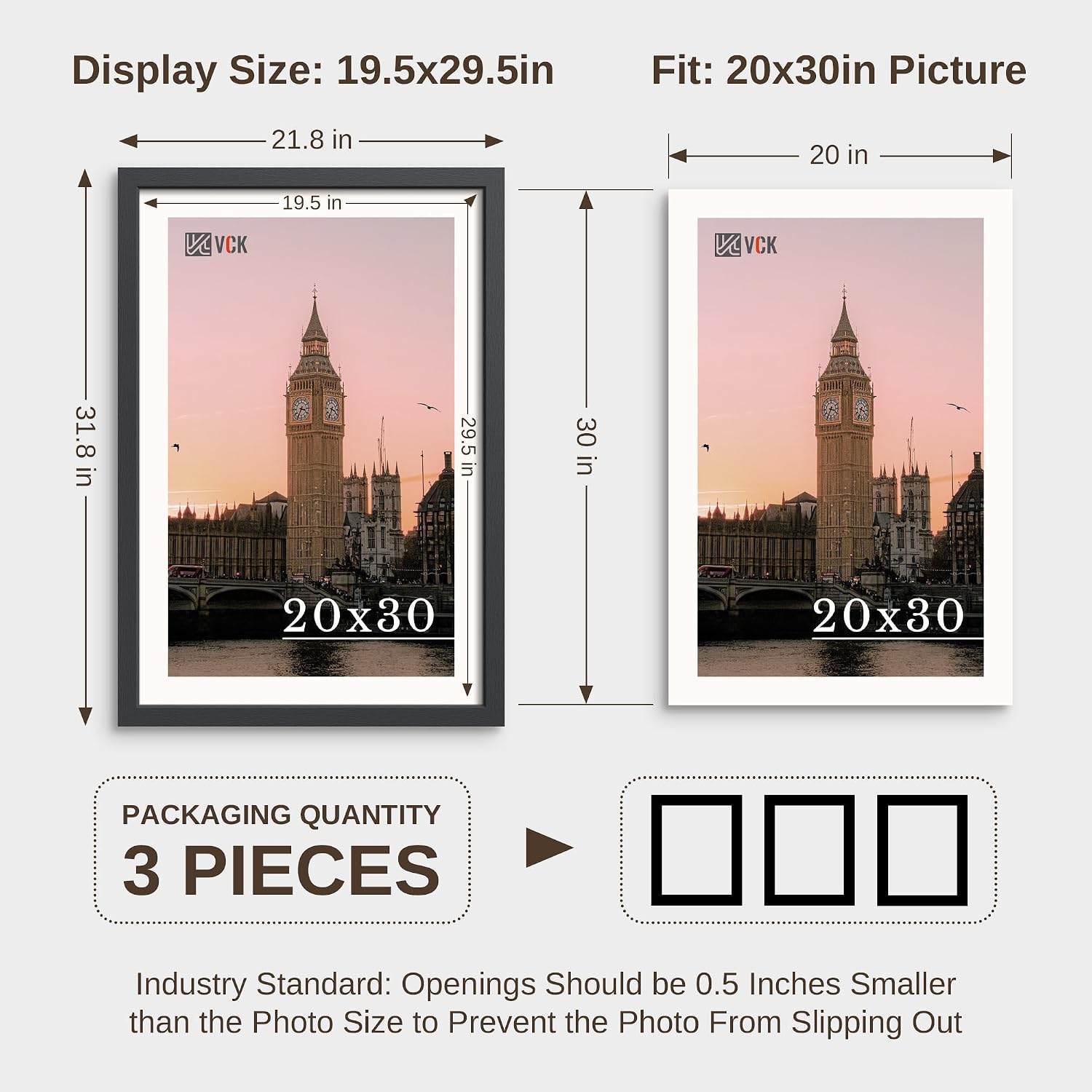 VCK 20x30 Frame 3 Pack - Black Textured Wood Wall Poster Frames 20 x 30 | 20 x 30 picture frame, plexiglass, 1.1 inch