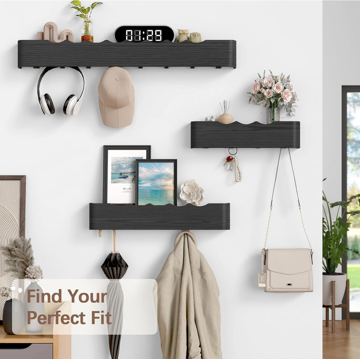 Coat Rack Wall Mount with Hidden Hooks, Wall Hooks with Shelf, Wall Key Holder Mount Wooden Shelf Entryway Hooks for