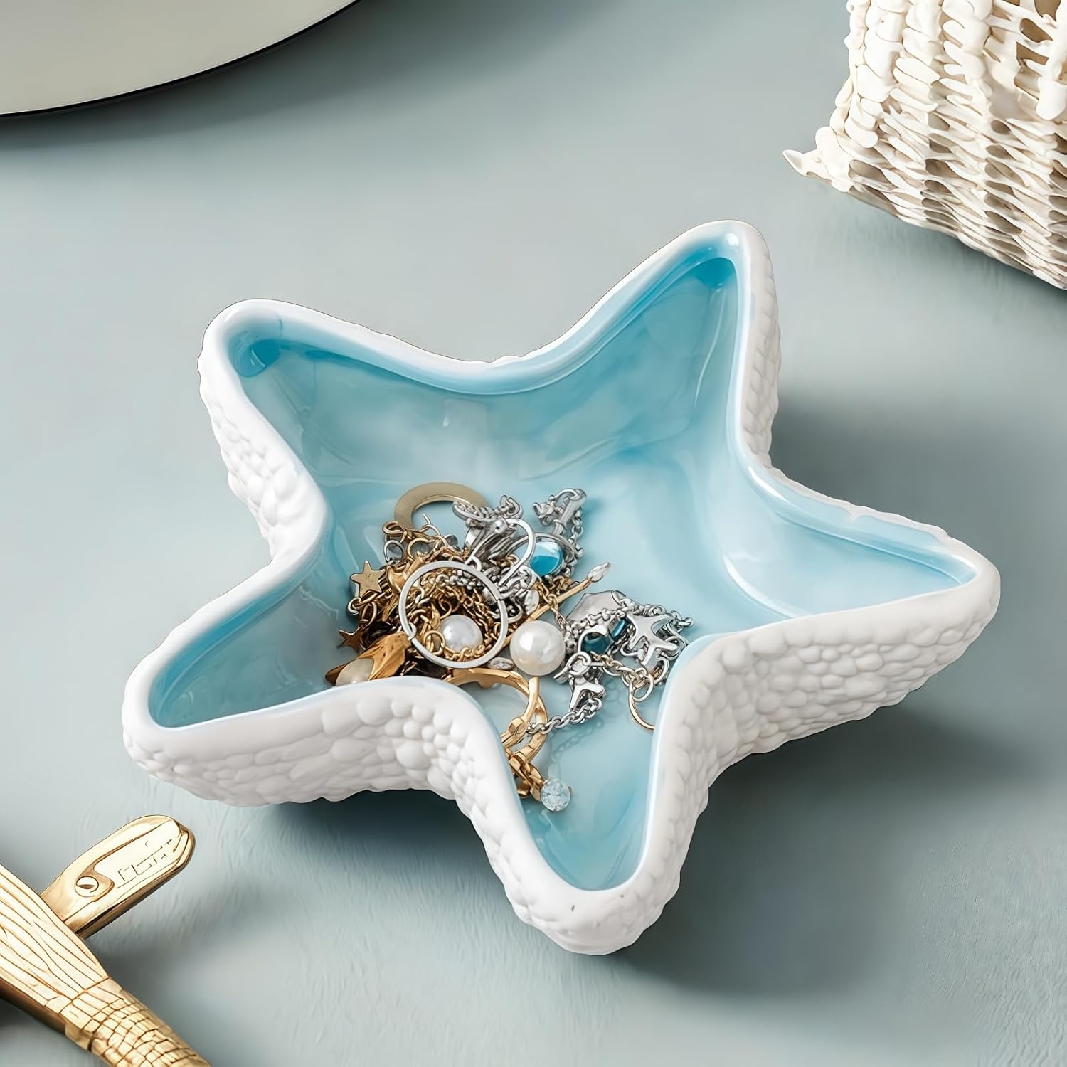 Starfish Jewelry Dish Ceramic Holder Ring Trinket Tray / Sea Blue -starfish