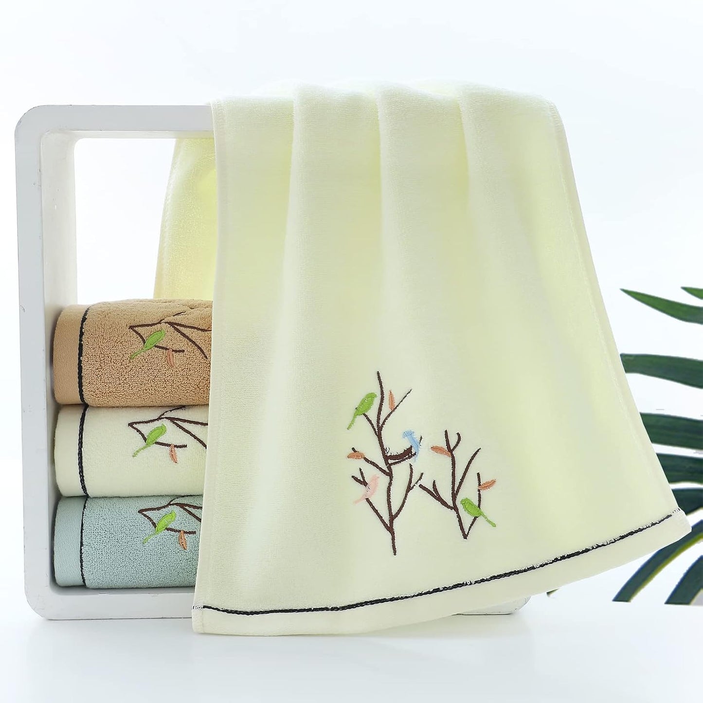 Hand Towels Set of 4 Embroidered Bird Tree Pattern 100% Cotton Absorbent Soft Decorative Towel for Bathroom (Light