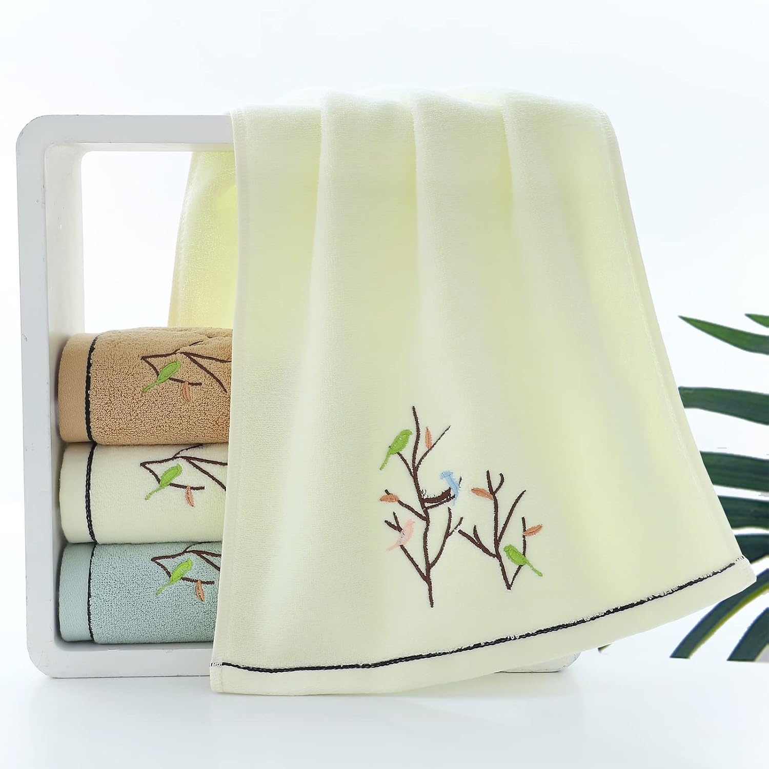 Hand Towels Set of 4 Embroidered Bird Tree Pattern 100% Cotton Absorbent Soft Decorative Towel for Bathroom (Light