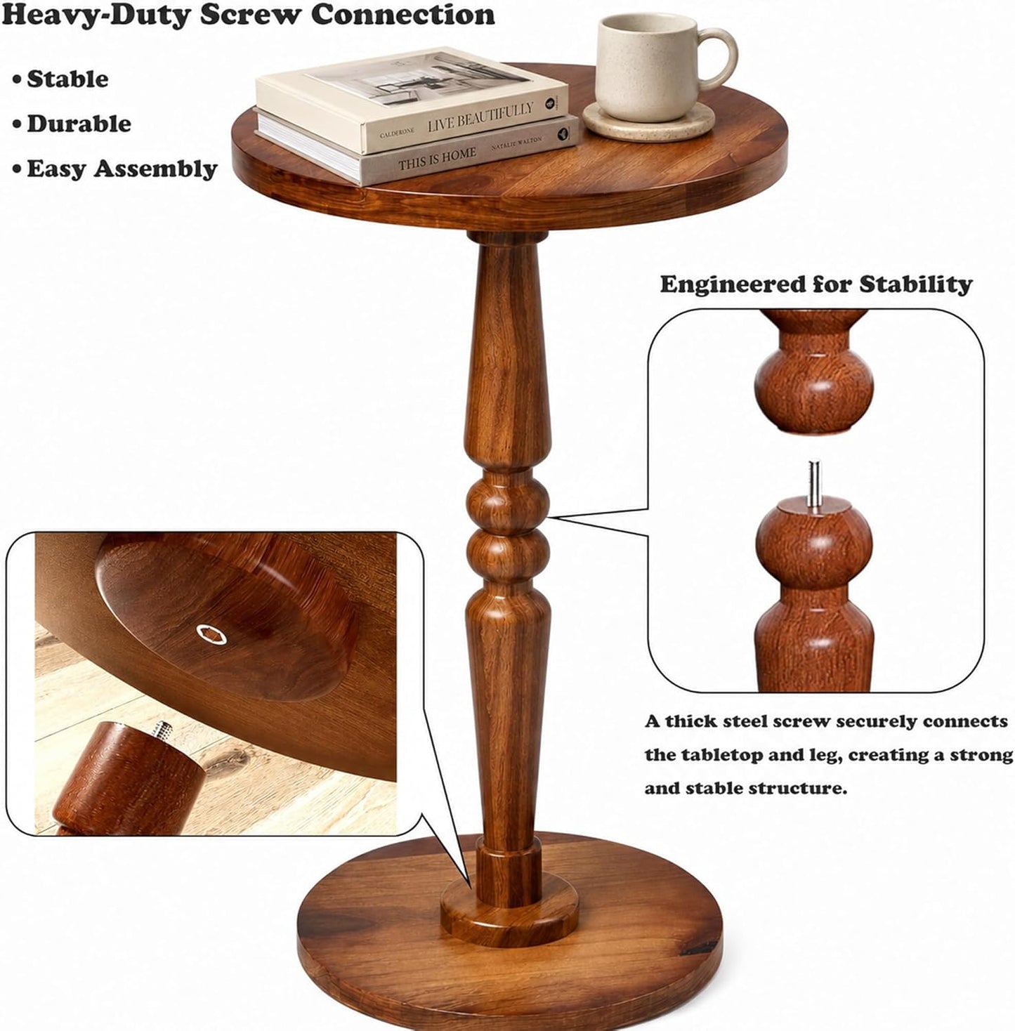 Small Wooden Round Side Table / Warm Brown