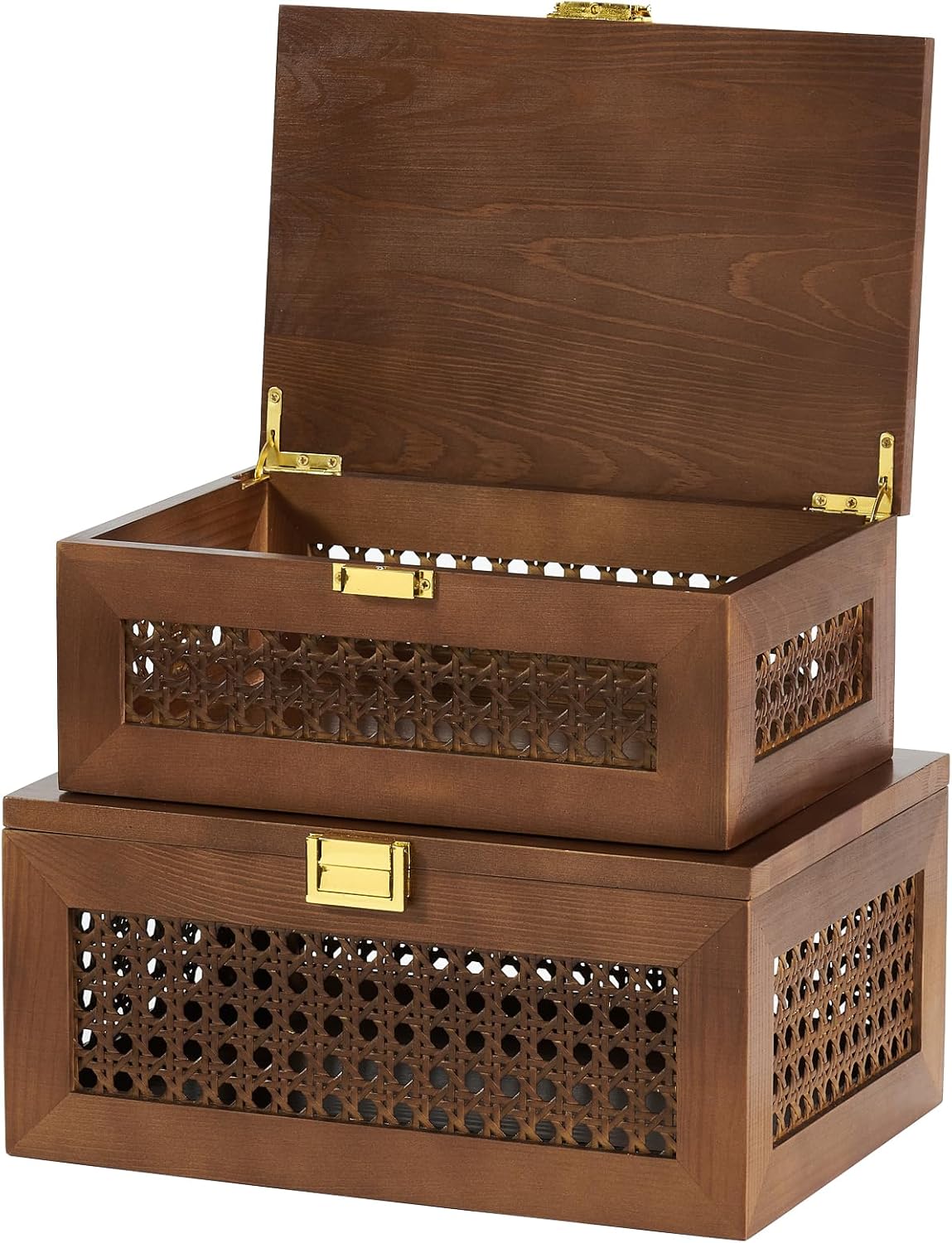 Decorative Rattan Storage Boxes Solid Wood Woven Baskets Bins / Walnut / Natural