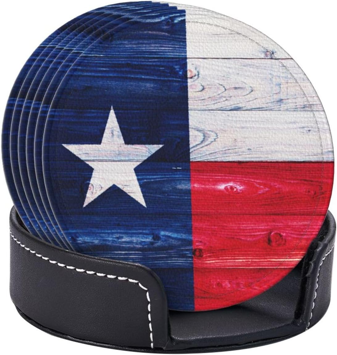 Holder / Leather Drinks Coasters / Texas Flag Wooden / Set of 6